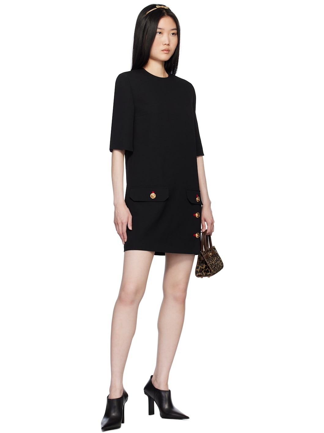 Black Wool Gabardine Shift Minidress - 4