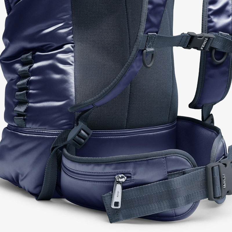 FENDI Rolltop blue nylon backpack decorated with enameled tone on tone Baguette buckle. Button and hidden  outlook