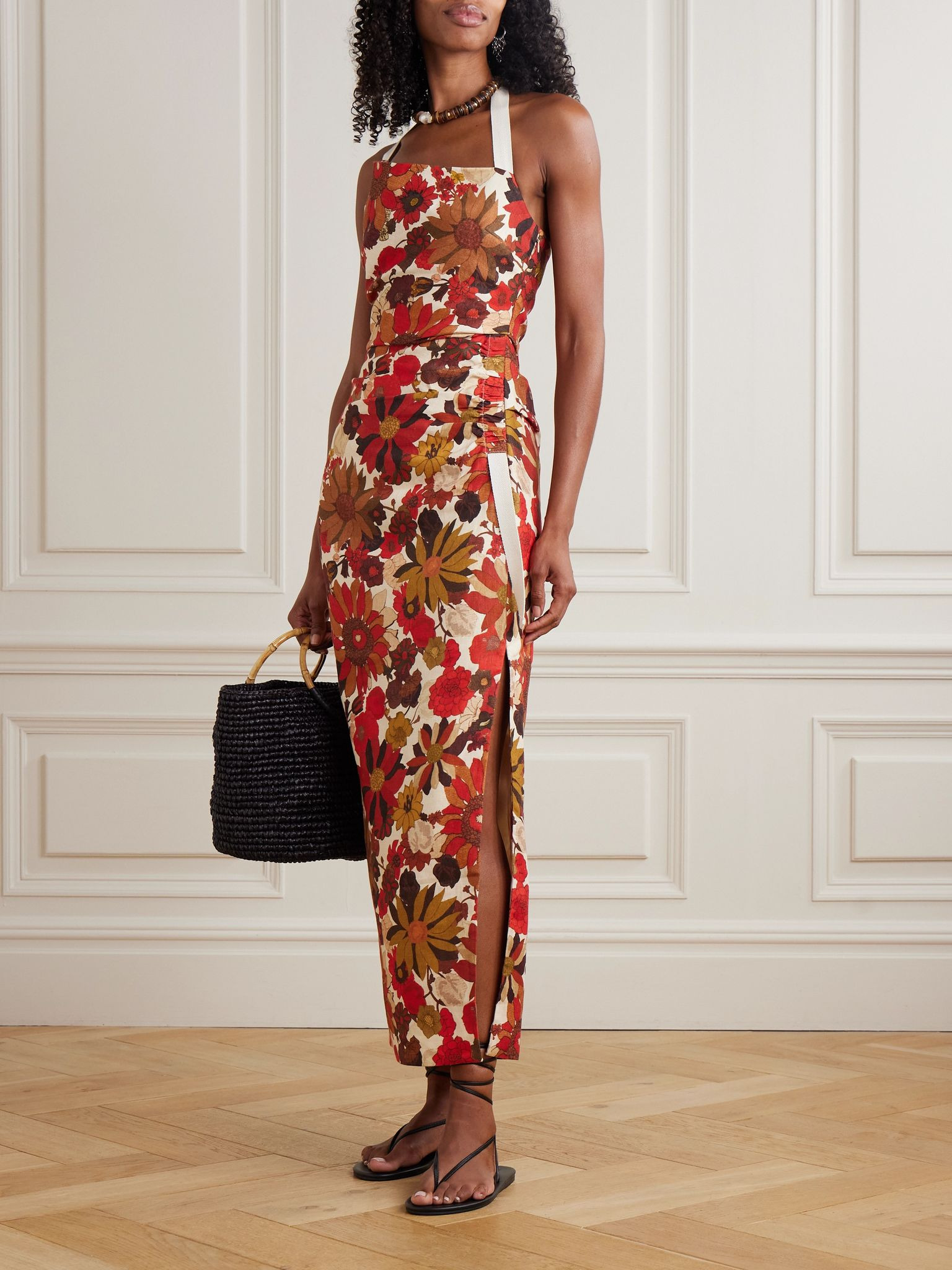 Castella tie-detailed gathered floral-print linen halterneck midi dress Multi - 2