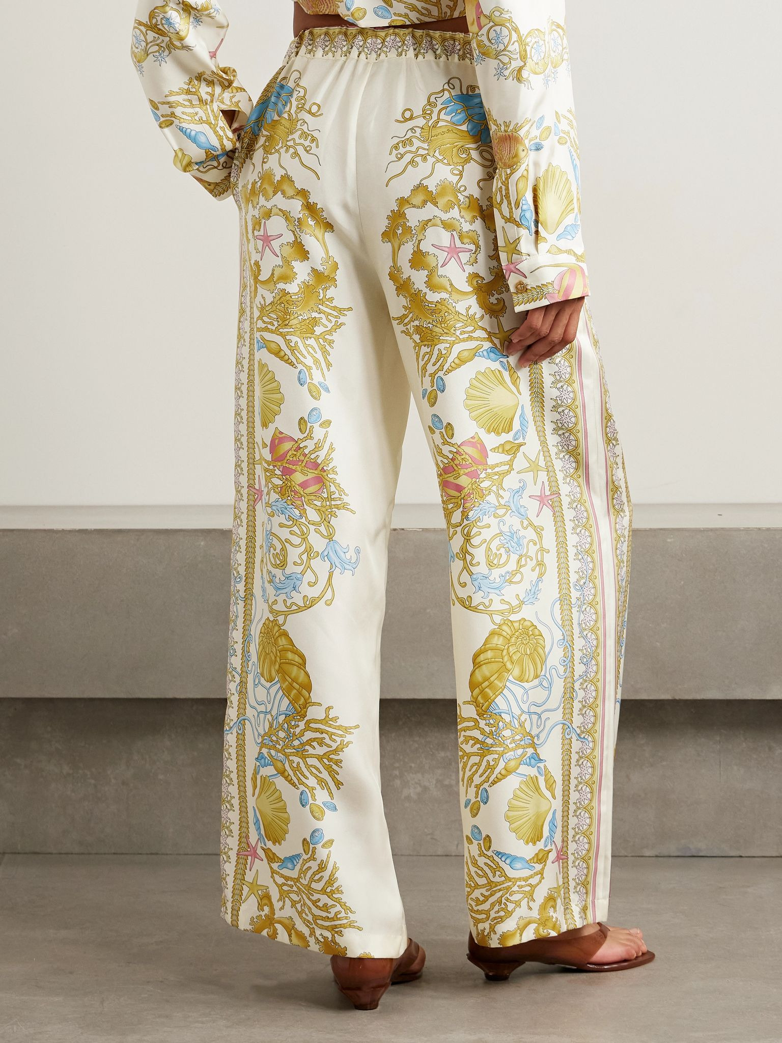 Printed silk-twill wide-leg pants Yellow - 3