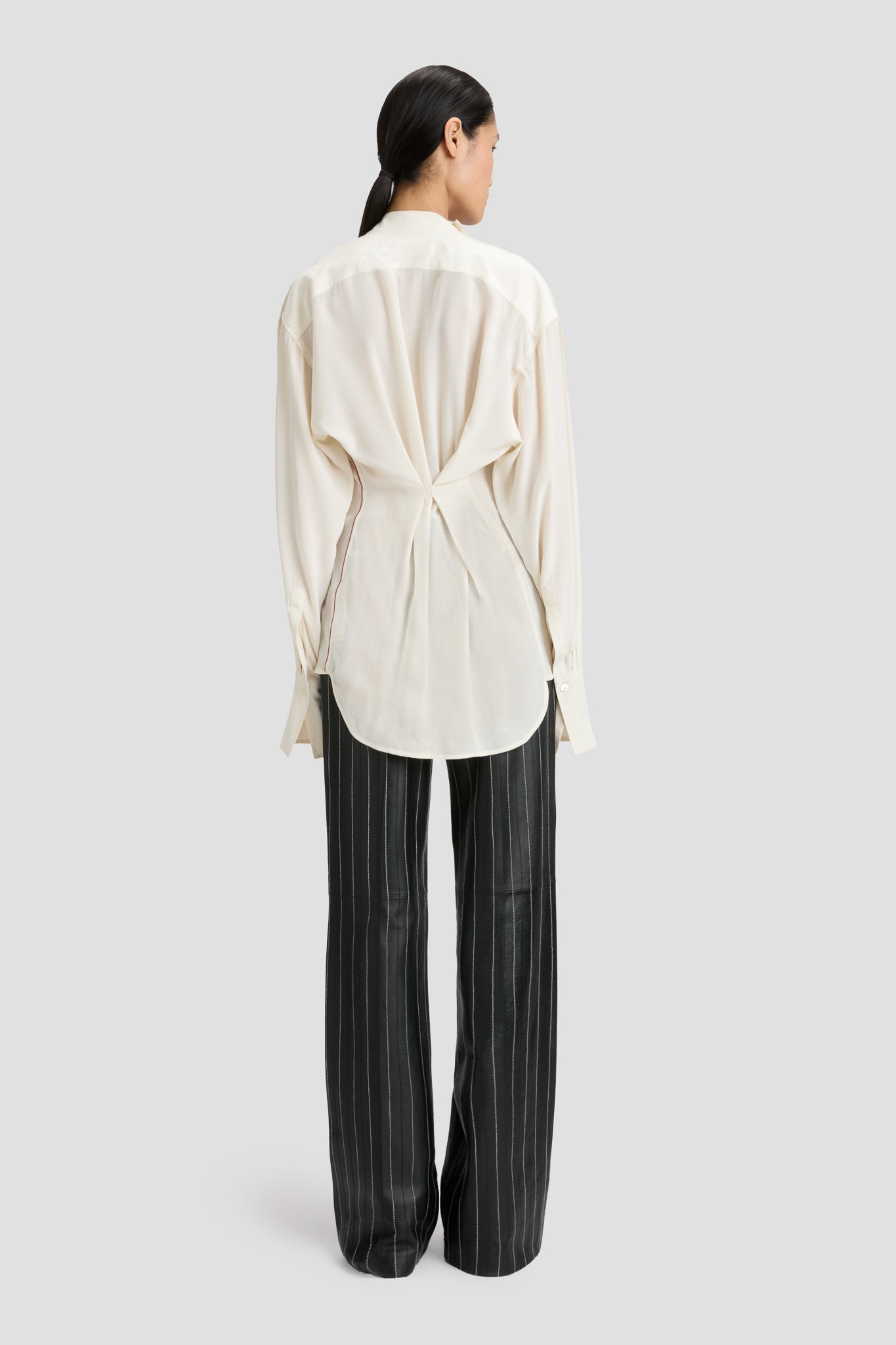 Double Pleat Leather Trouser In Black-Ivory - 4