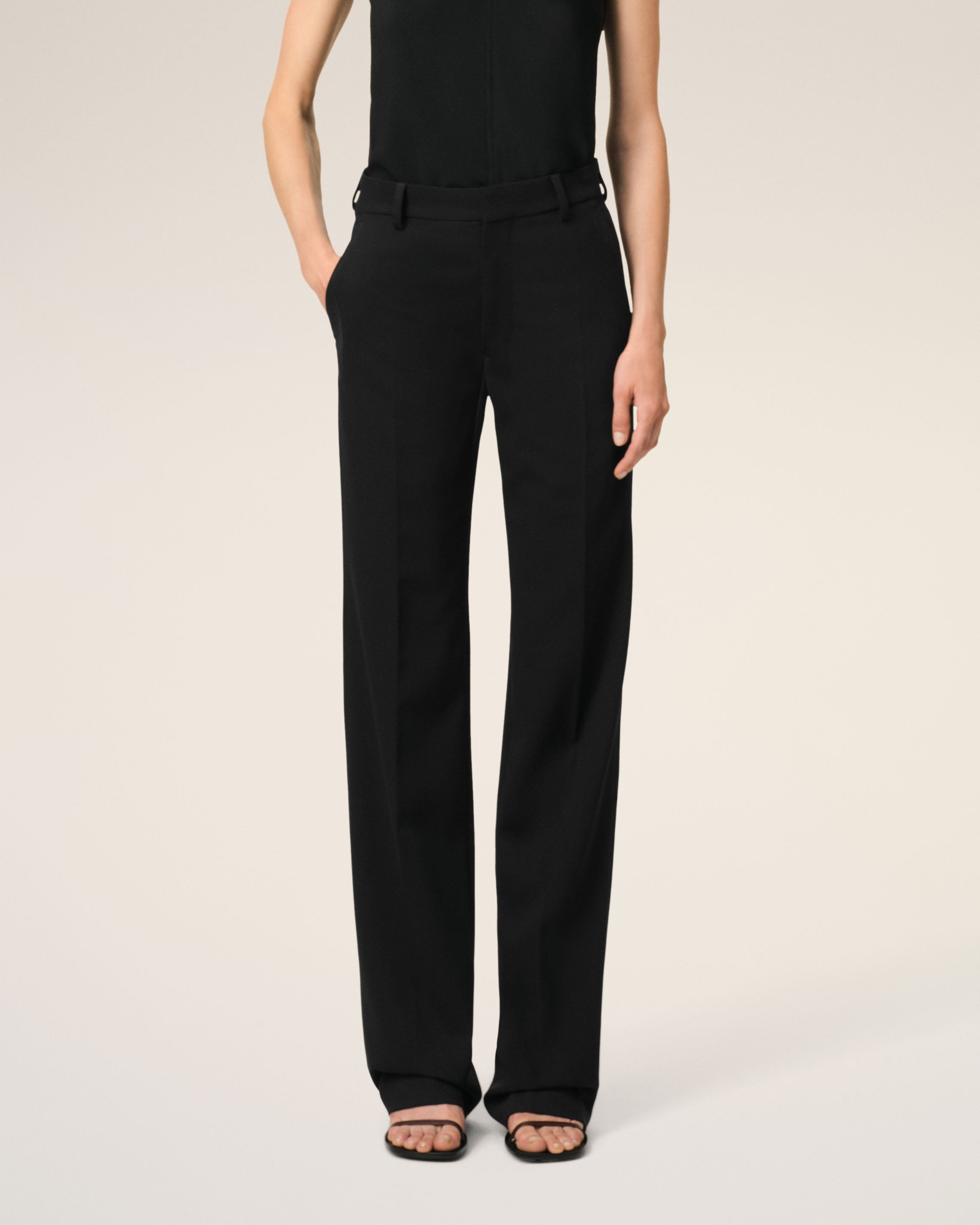 BLACK WOOL CONTRASTED STRAIGHT TROUSERS - 3