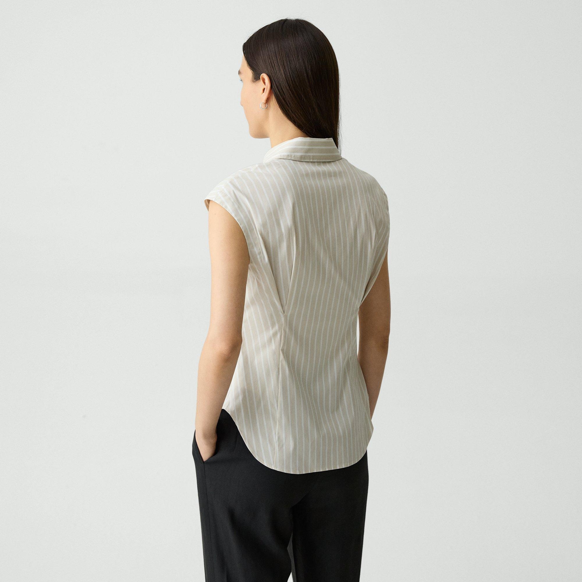 Cinched Cap-Sleeve Shirt in Striped Cotton-Blend - 4