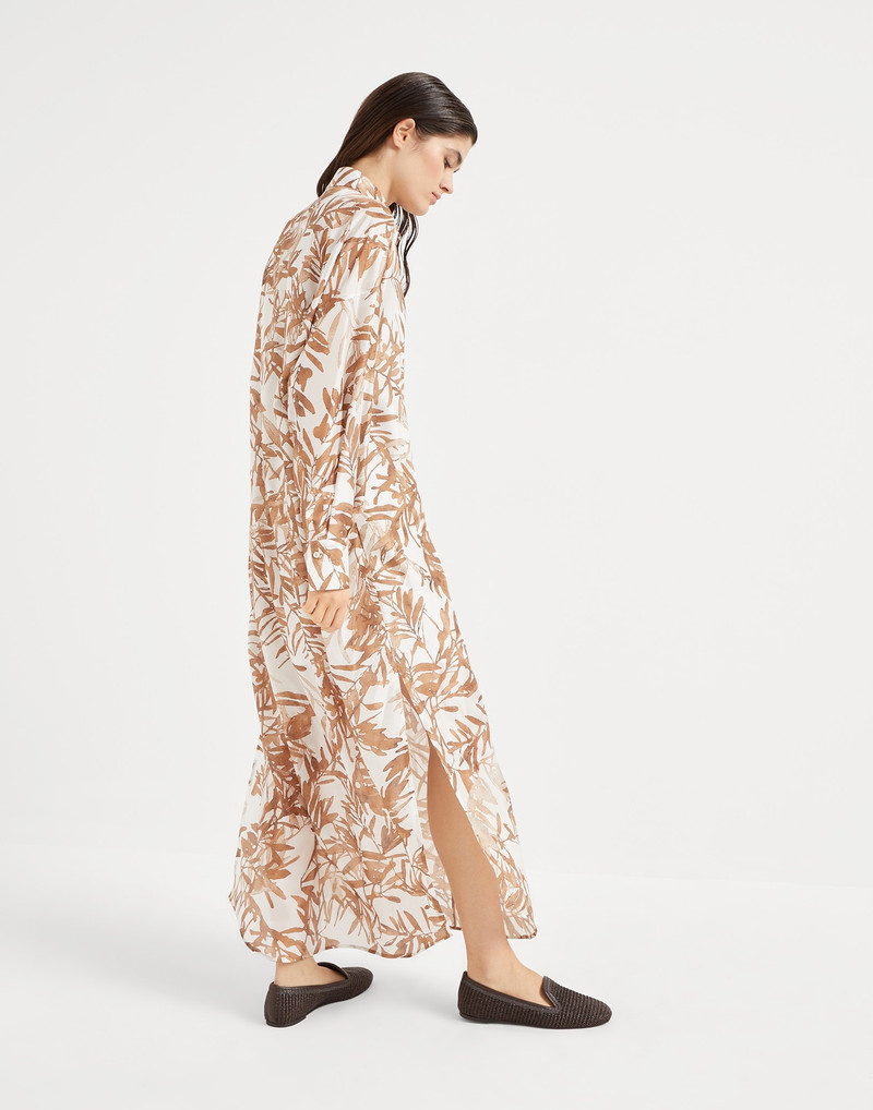 Brunello Cucinelli Silk herbarium print pongee shirt dress with monili outlook