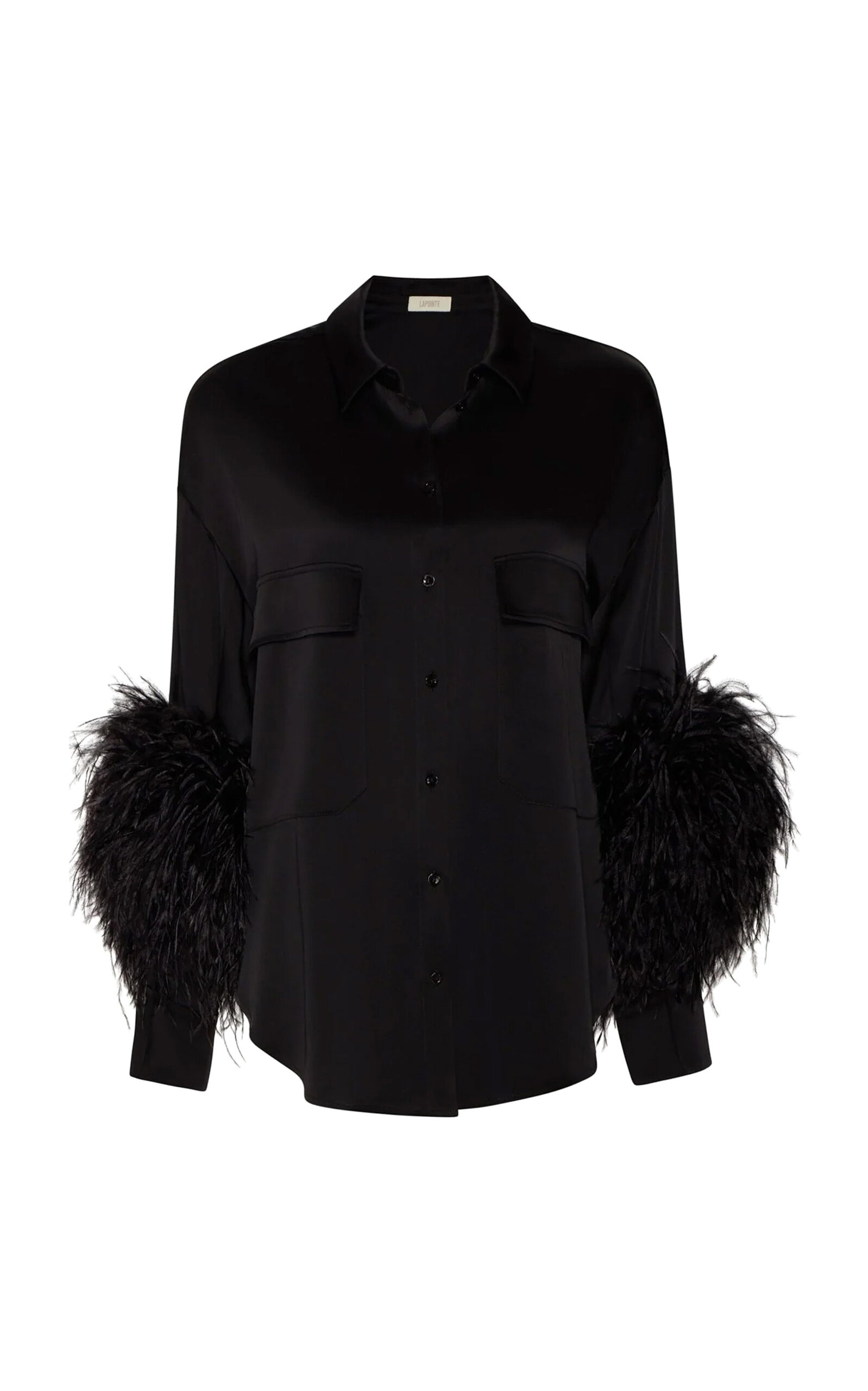 Oversized Satin Button Down with Feathers black - 1