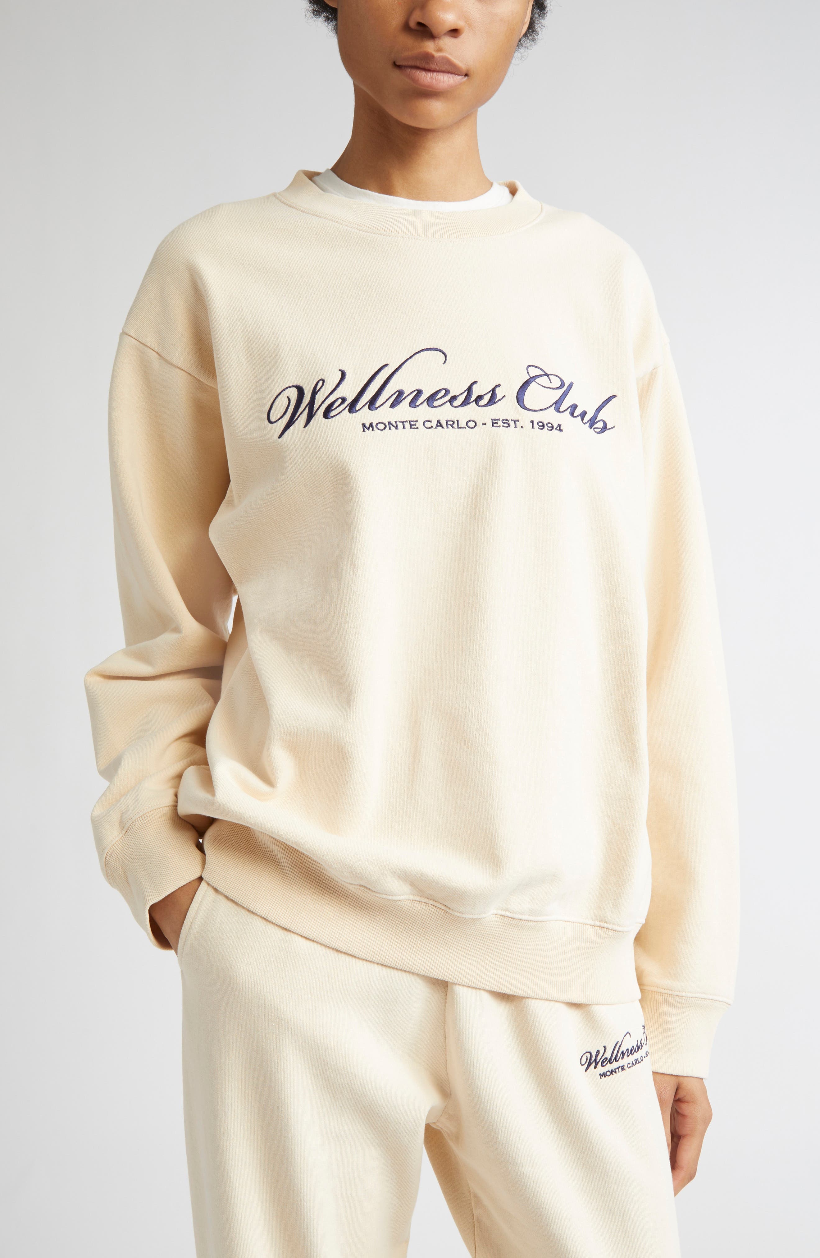Sporty & Rich Wellness Club Embroidered Fleece Sweatshirt in Cream at Nordstrom - 5