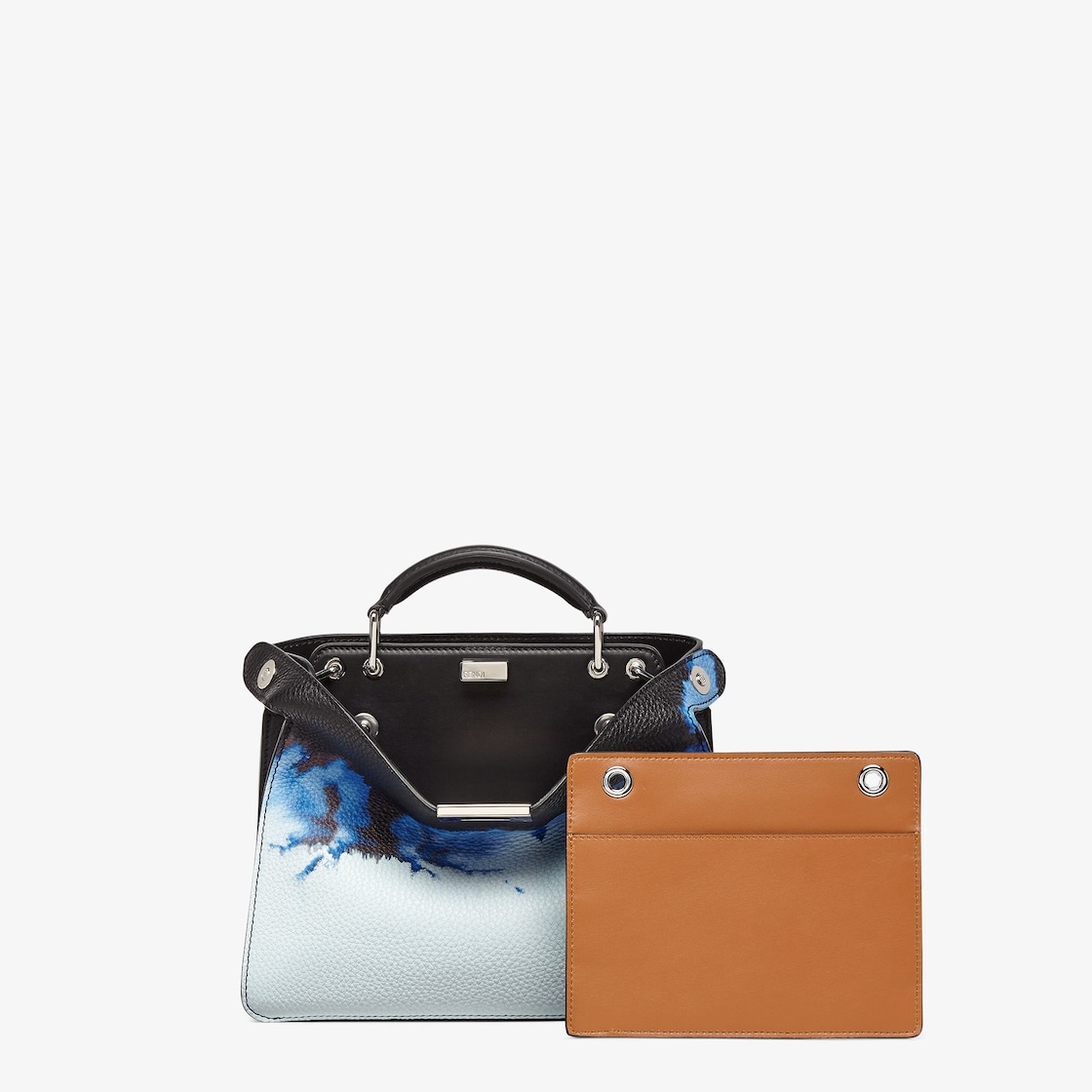 Small Peekaboo ISeeU bag made of black Cuoio Romano leather, printed with Cloud graphics in blue and - 2
