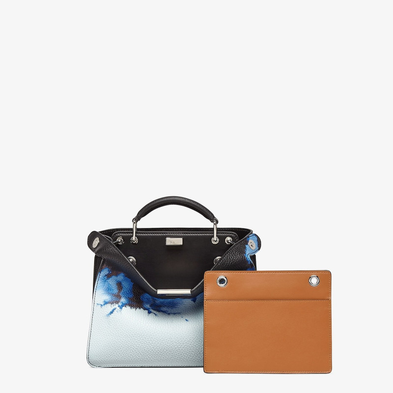 Small Peekaboo ISeeU bag made of black Cuoio Romano leather, printed with Cloud graphics in blue and 2