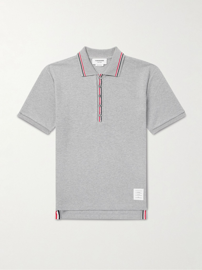 Logo-Appliquéd Striped Waffle-Knit Cotton Polo Shirt Gray 1