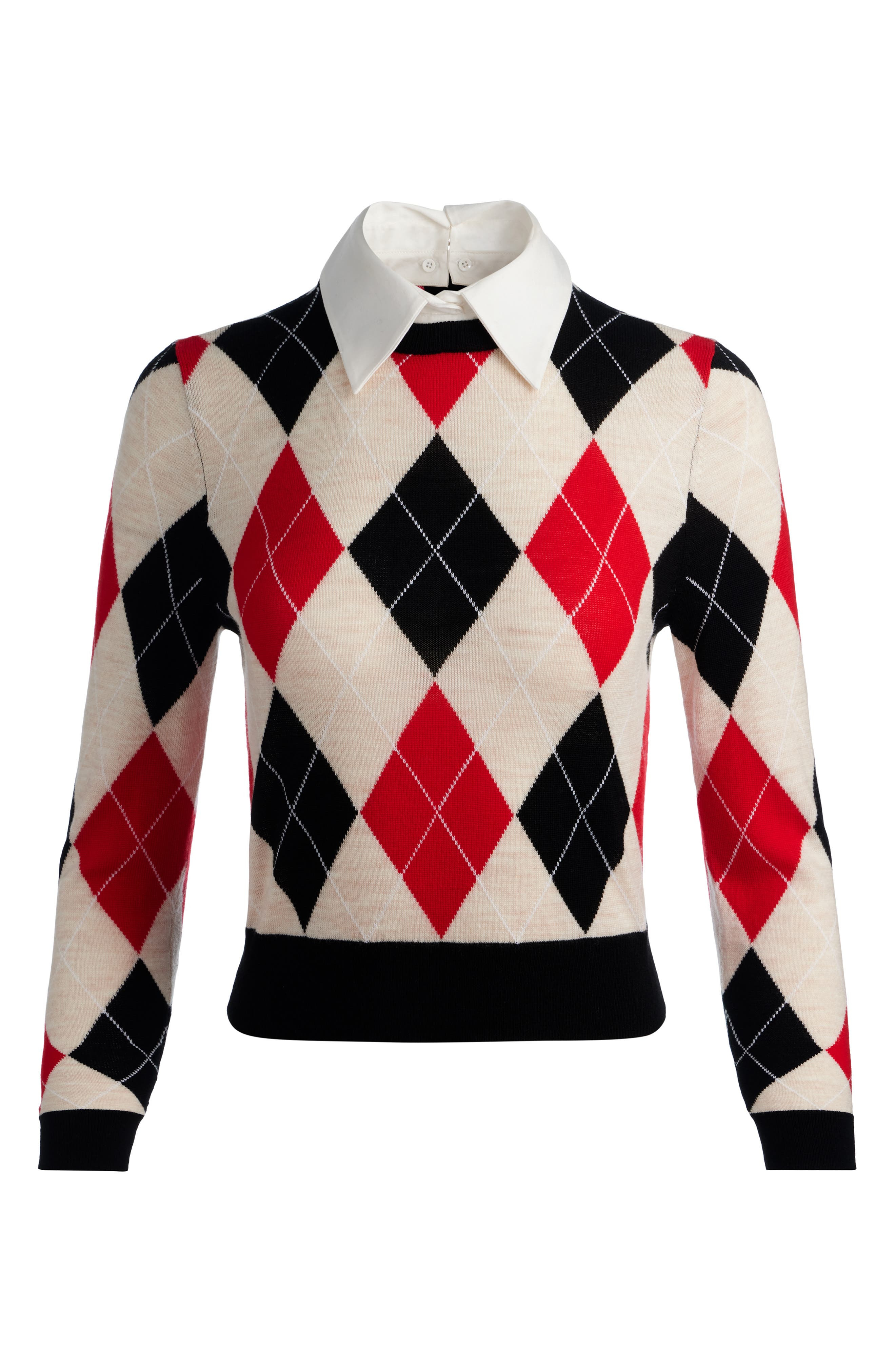 Alice + Olivia Carol Ann Wool Blend Argyle Sweater with Removable Collar in Oatmeal Heather /Black / - 5
