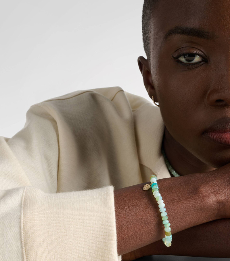 SYDNEY EVAN Tiny Monstera Leaf 14kt gold beaded charm bracelet with diamonds outlook