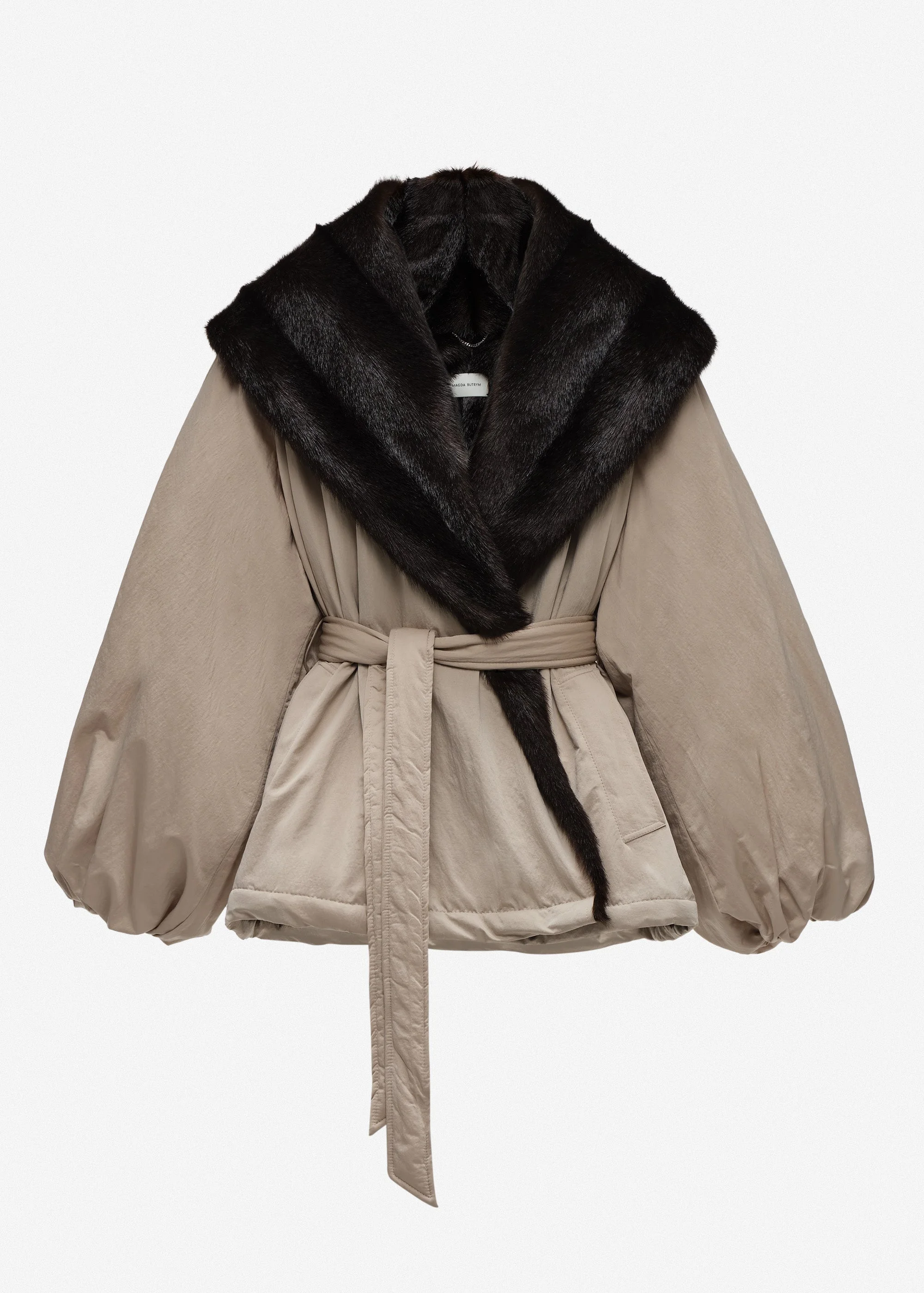Belted faux fur collar jacket in beige - 1
