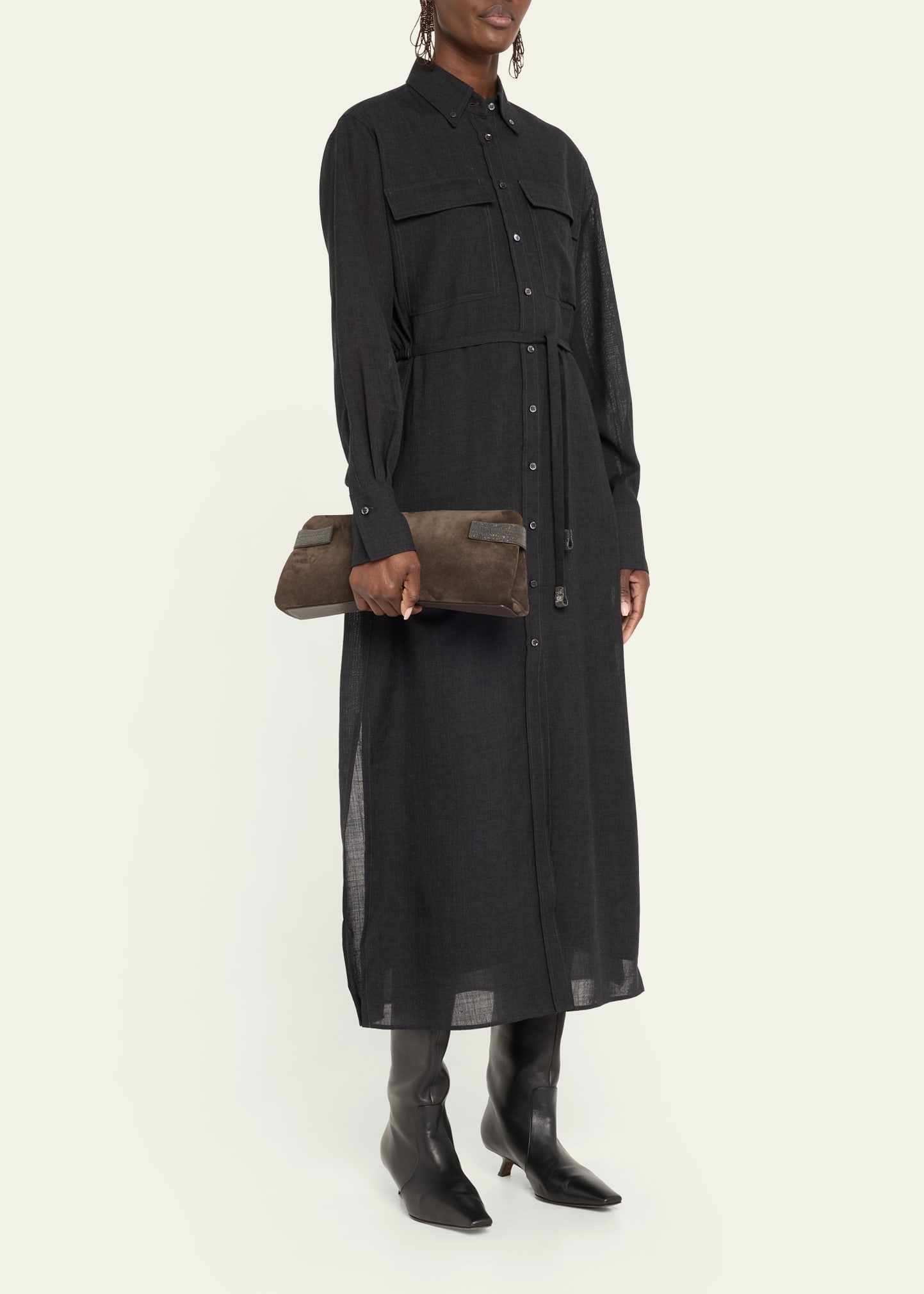 Long Wool Gauze Shirt Jacket Dress with Waist Tie - 4
