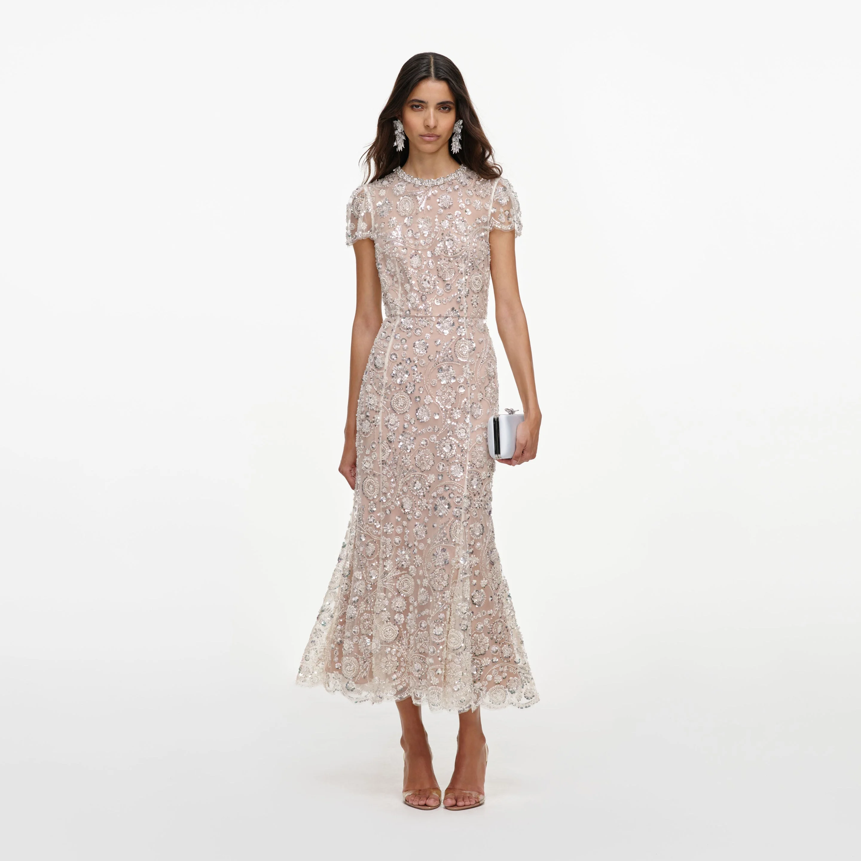 Cream Sequin Embellished Midi Dress - 1