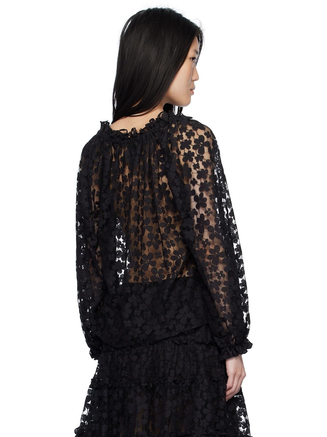 Black Shadow Blossom Elastic Lace Blouse - 3