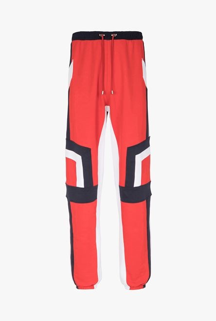 Red, navy blue and white eco-designed cotton sweatpants with embossed Balmain logo - 1