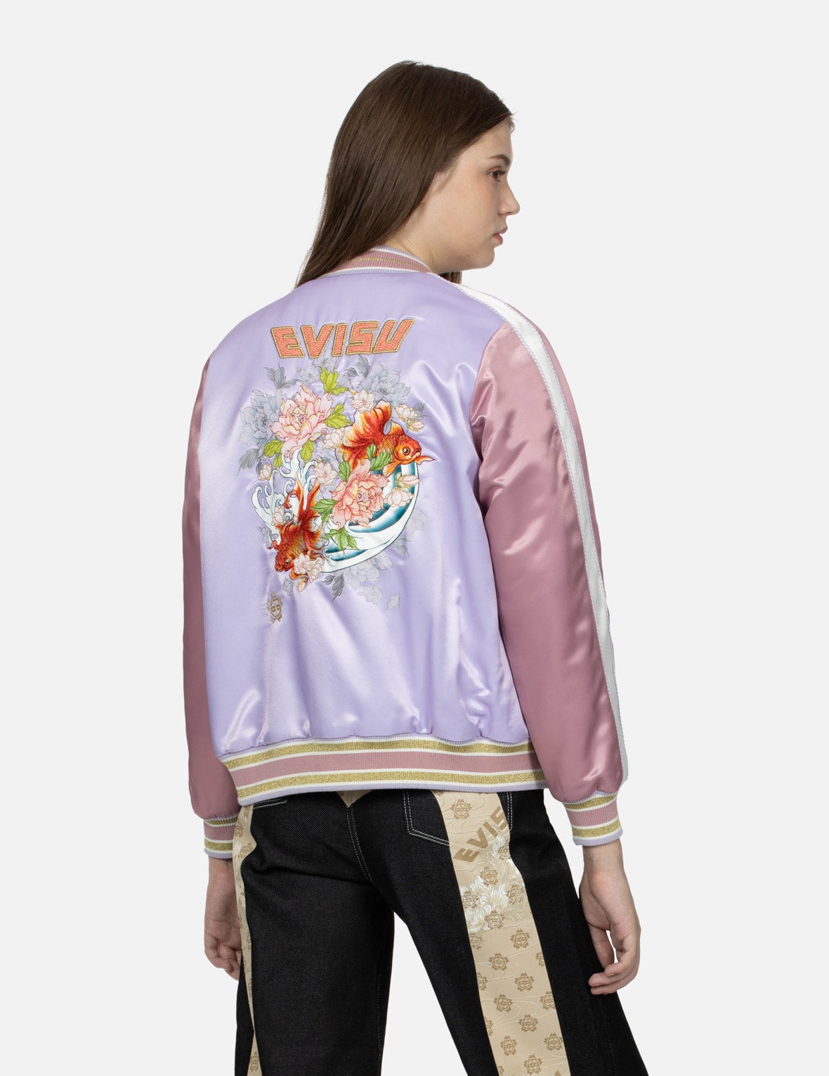 Goldfish and Floral Flow Embroidery Color-blocking Loose Fit Souvenir Jacket - 7