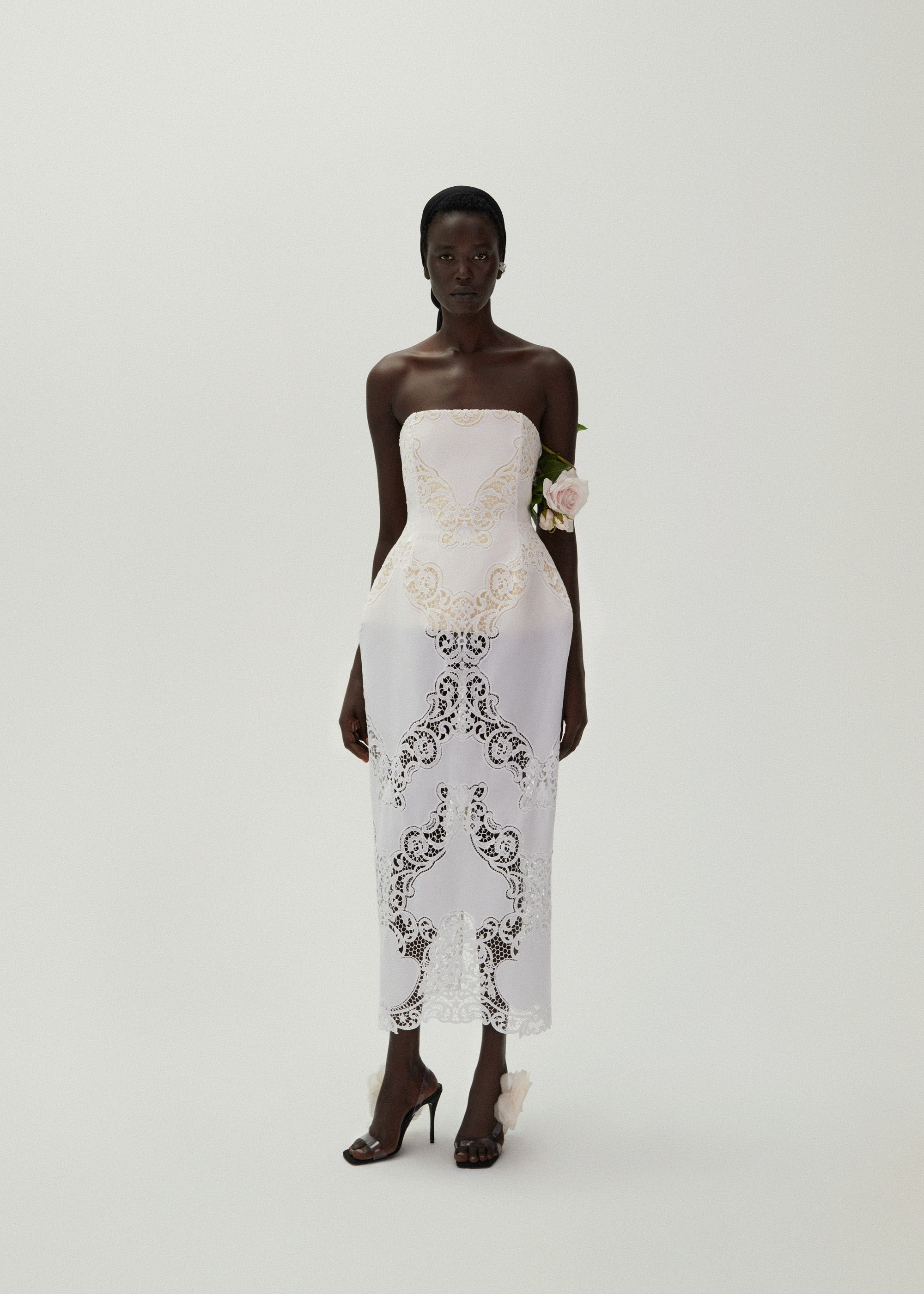 Strapless hourglass lace corset midi dress in white - 3