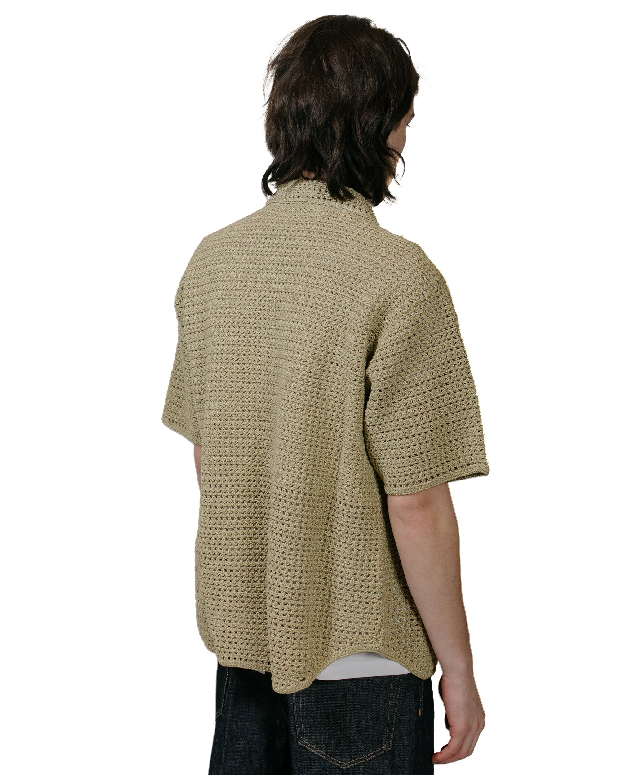 Hand Crochet Knit Half Sleeved Shirt Khaki Beige - 3