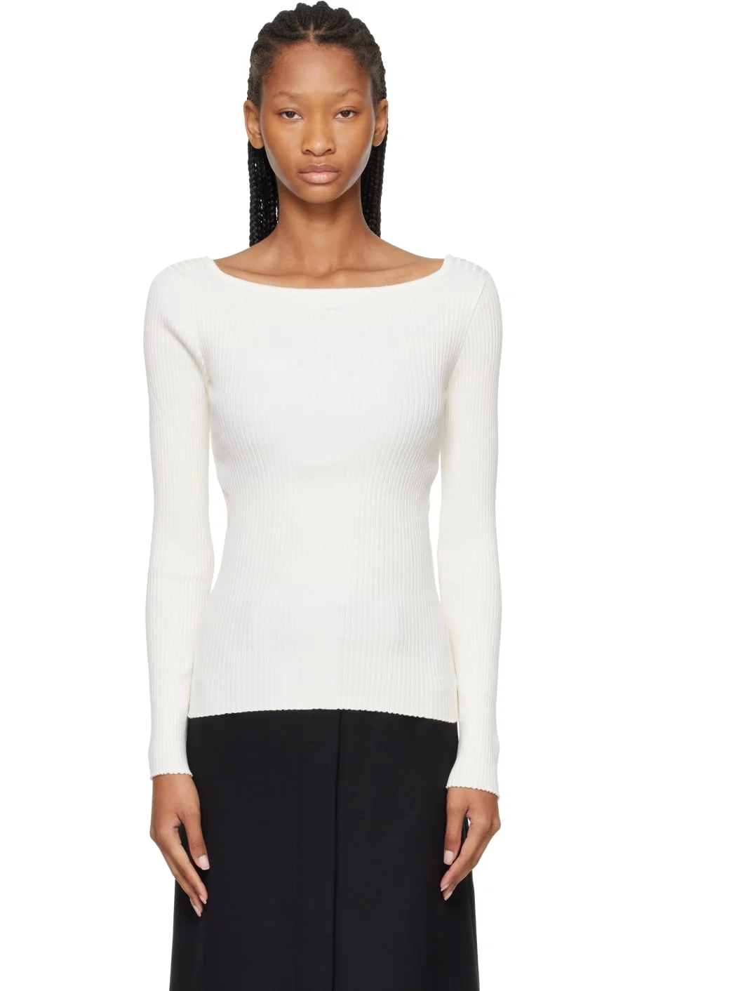White Square Neck Rib Knit Sweater - 1