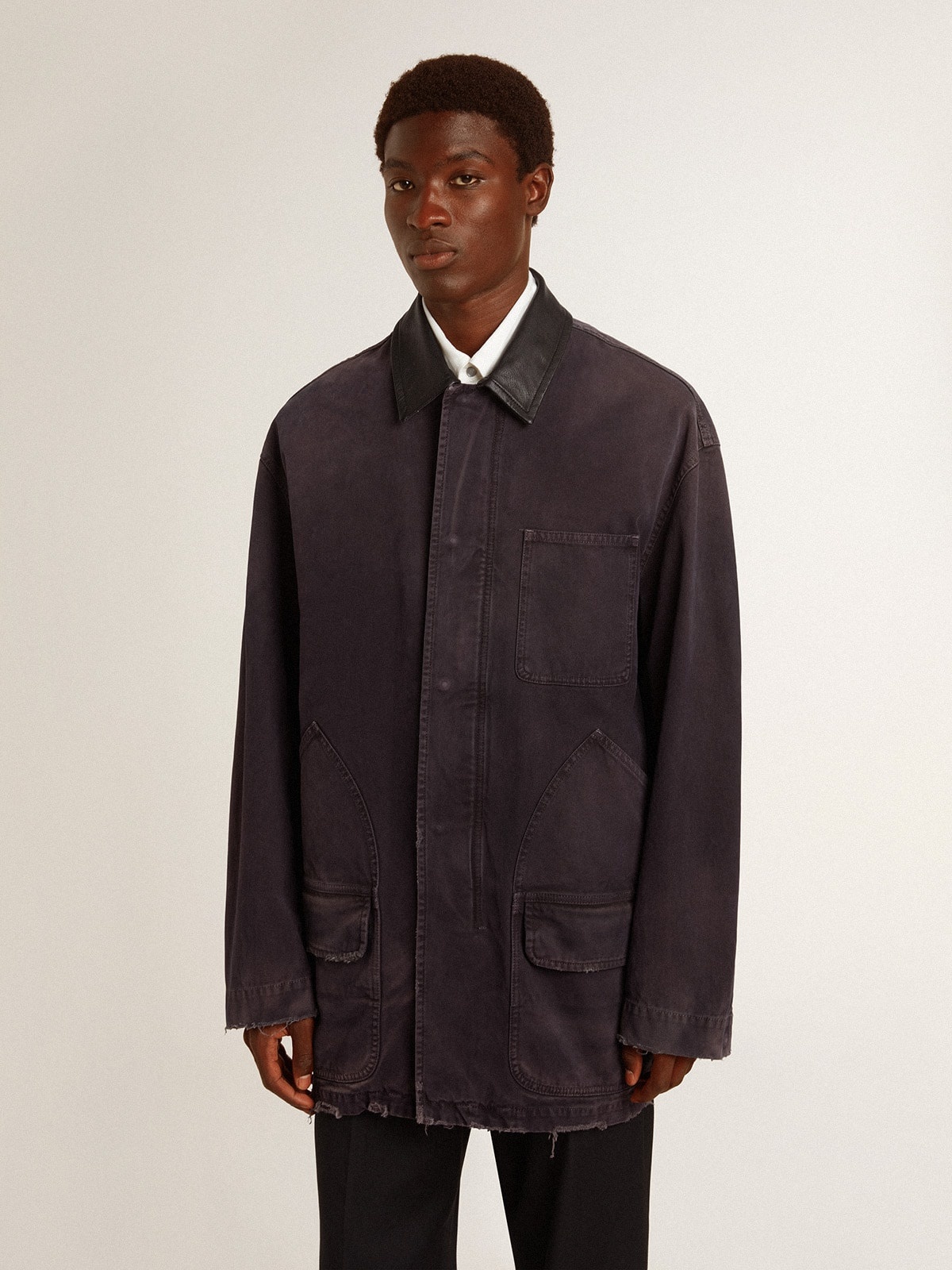 Men's denim jacket with distressed details and leather collar - 2