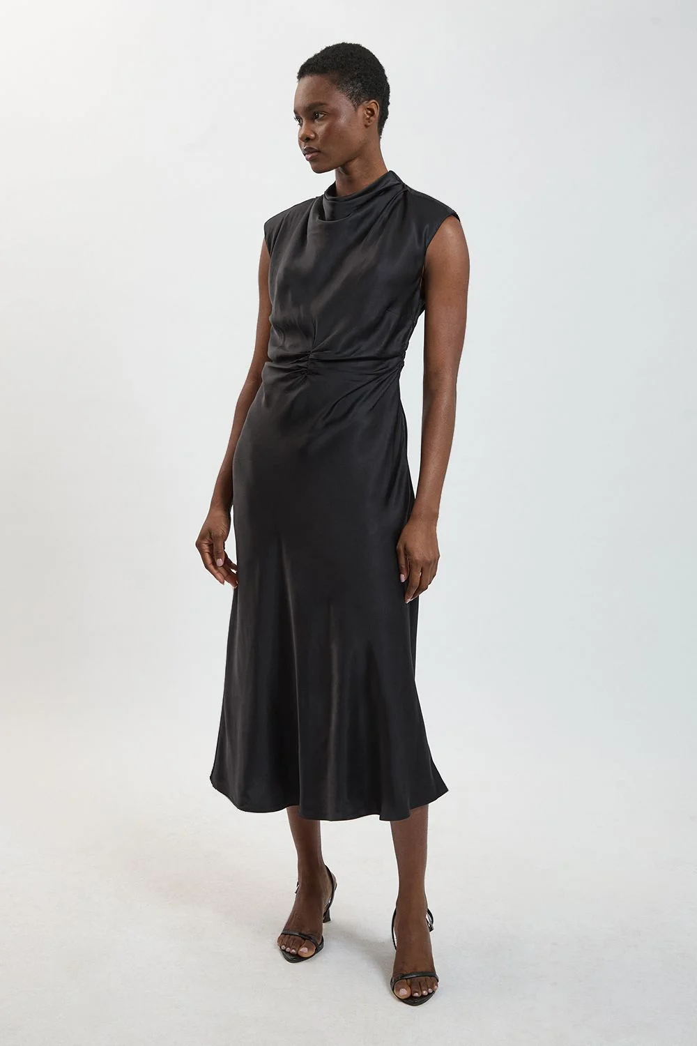 Viscose Satin Ruched Cowl Neck Midi Dress - 1