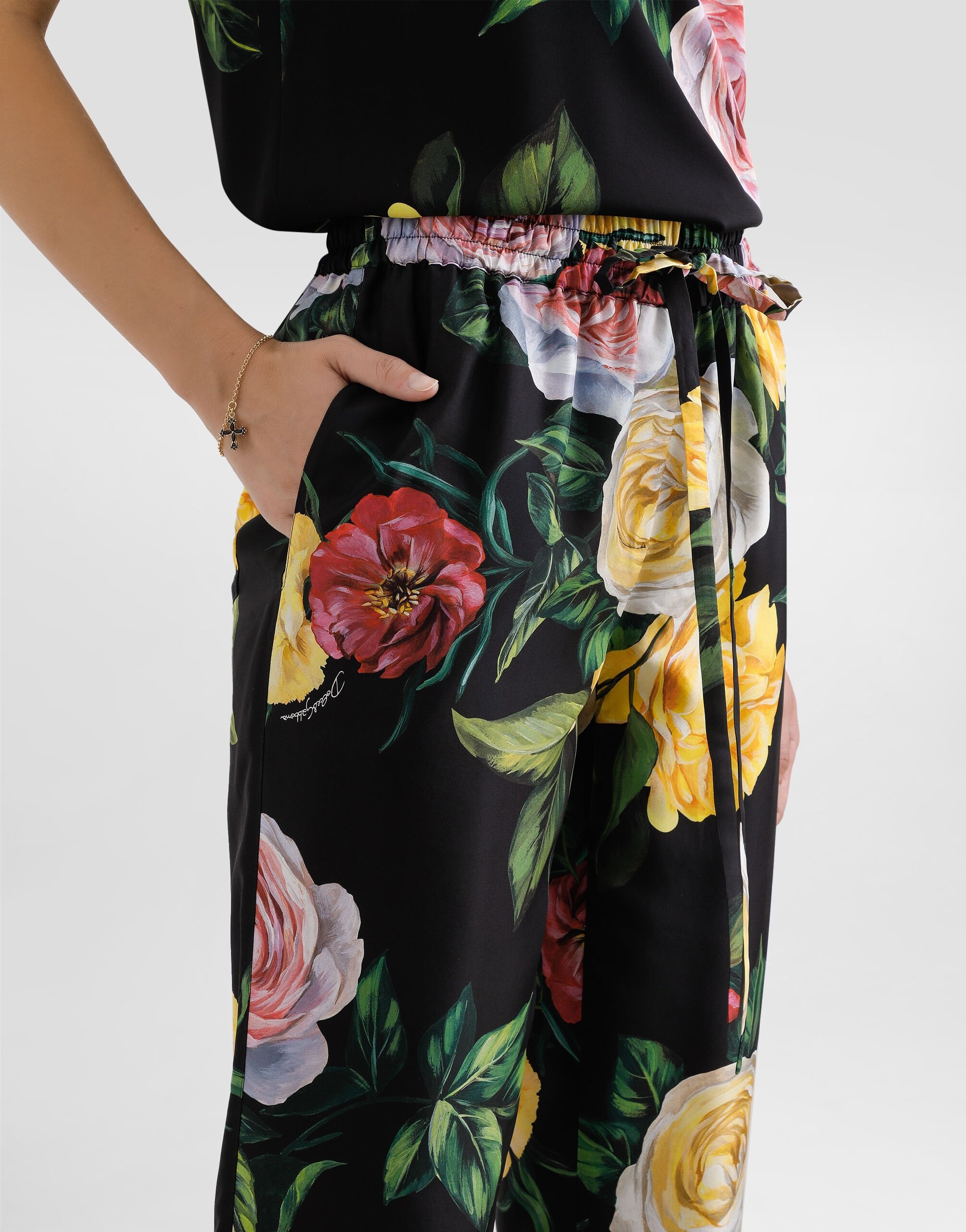 Silk pajama pants with elasticated waist and peony and rose print - 4