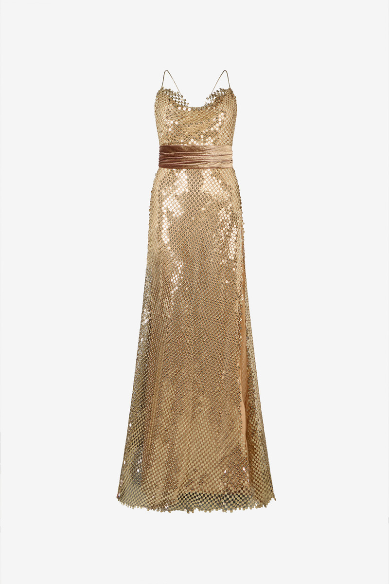 Extra-long gold sequin gown 1
