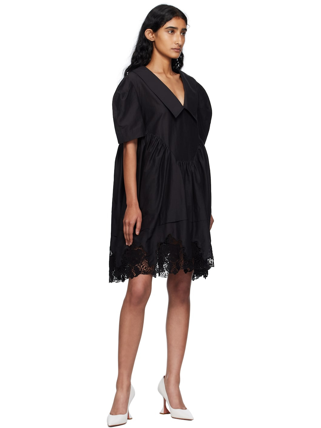 Black Lace Hem Puff Minidress - 4