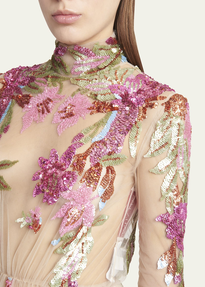Embroidered Tulle Illusion Gown with Floral Details 5