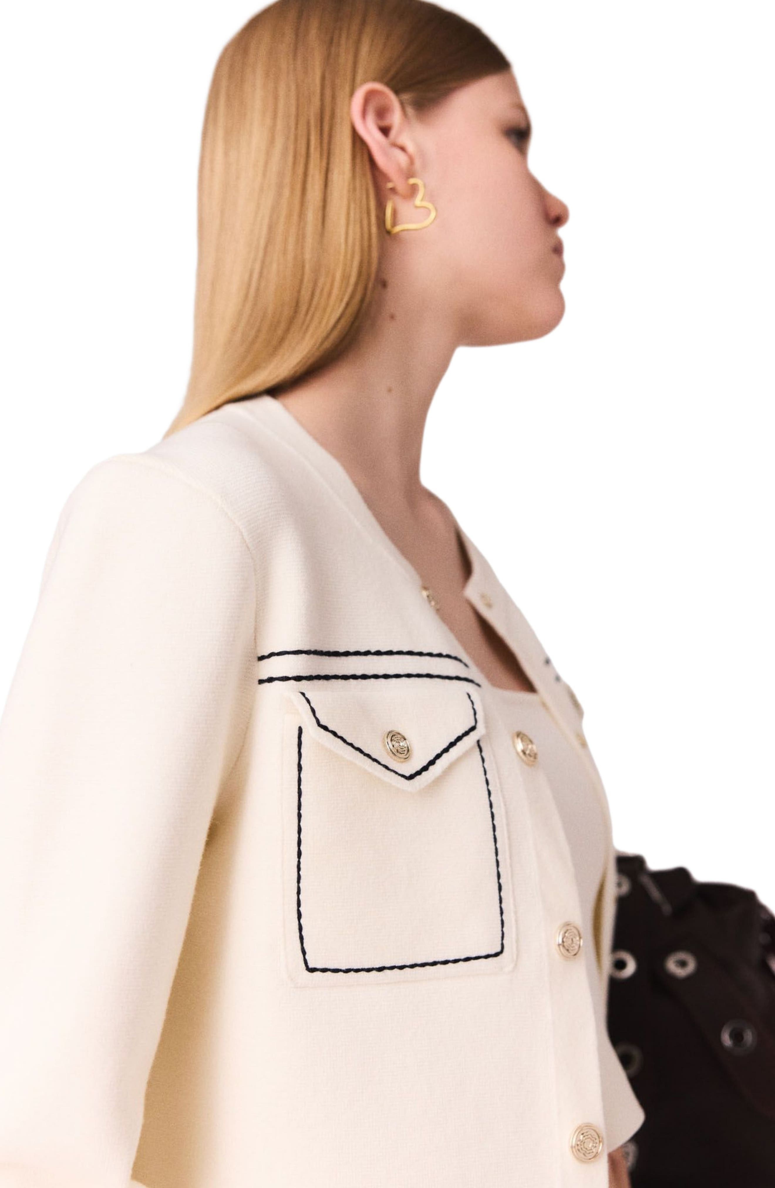 maje Topstitched cropped cardigan in Ecru at Nordstrom - 5