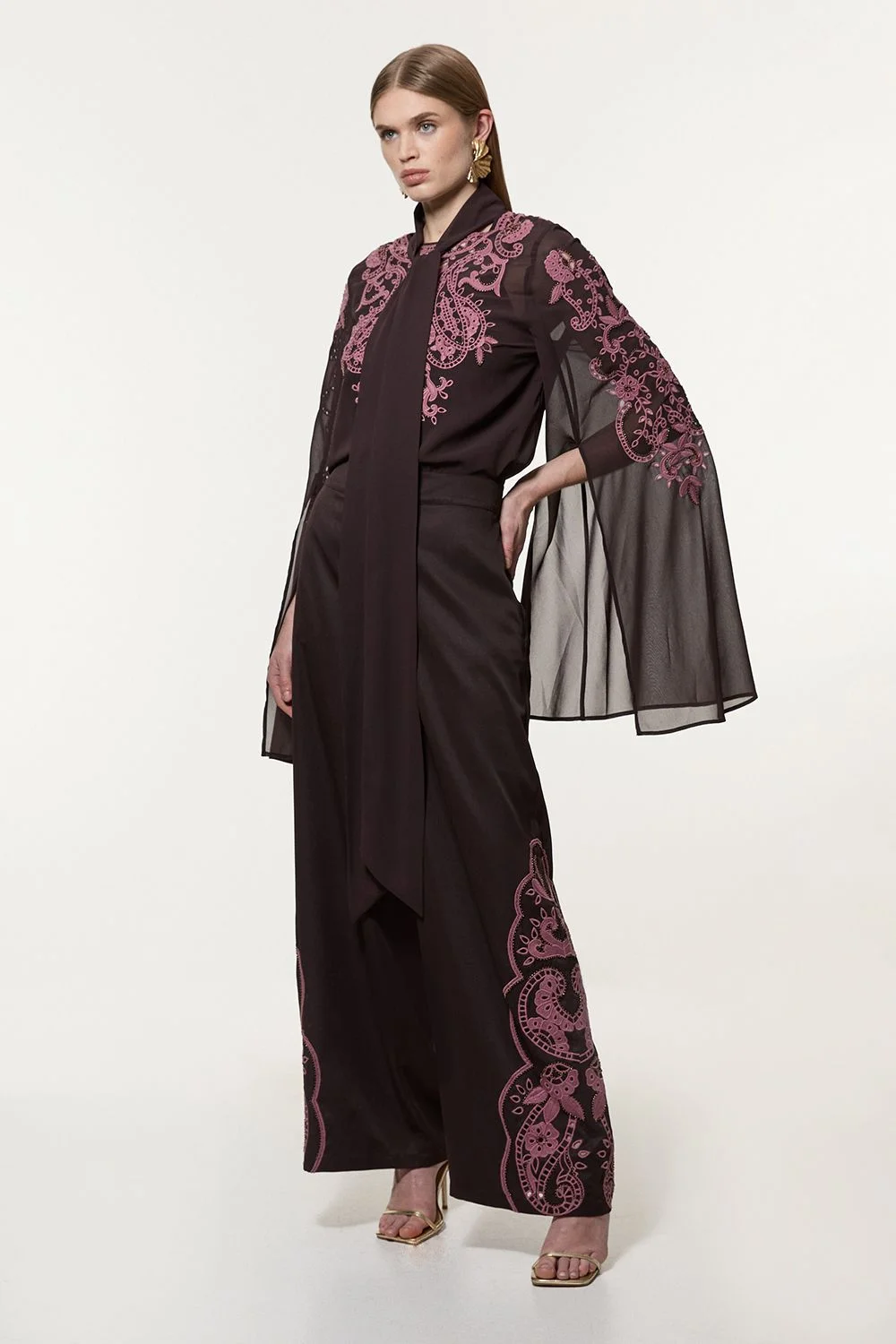 Cutwork Beaded Twill Wide Leg Woven Trouser - 1