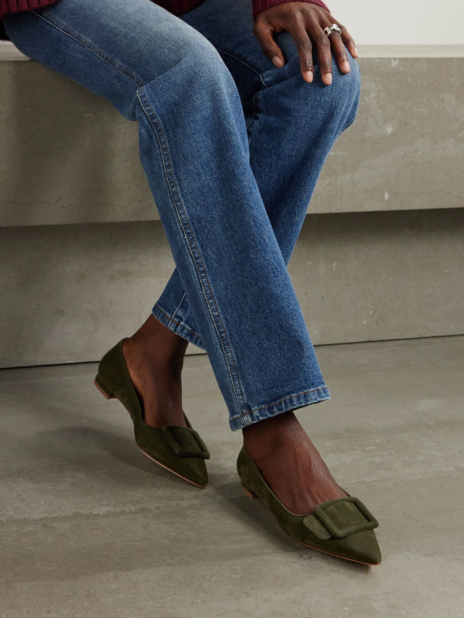 Maysale buckled suede point-toe flats Army green - 2