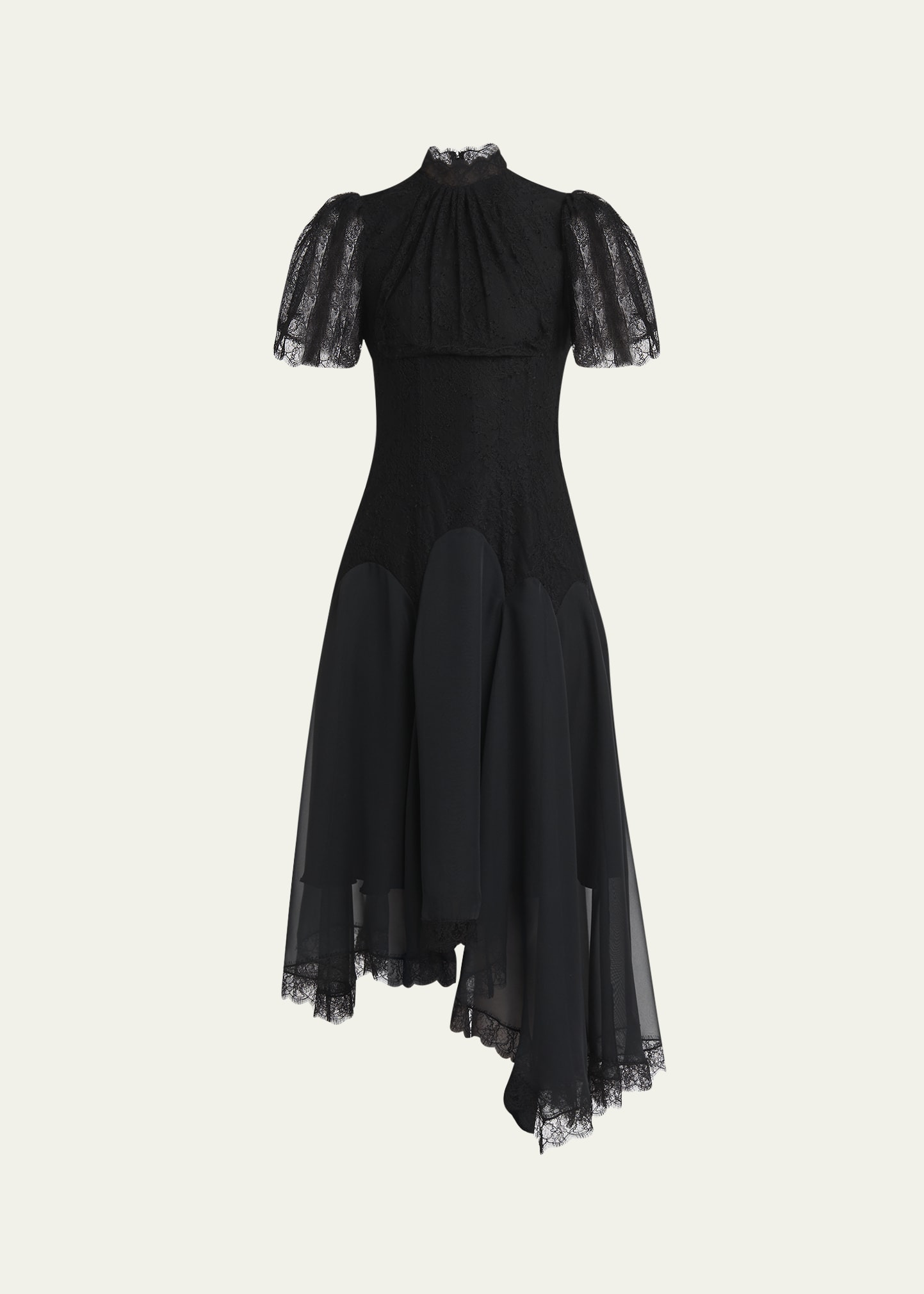 Draped Floral Lace High-Low Midi Dress - 1
