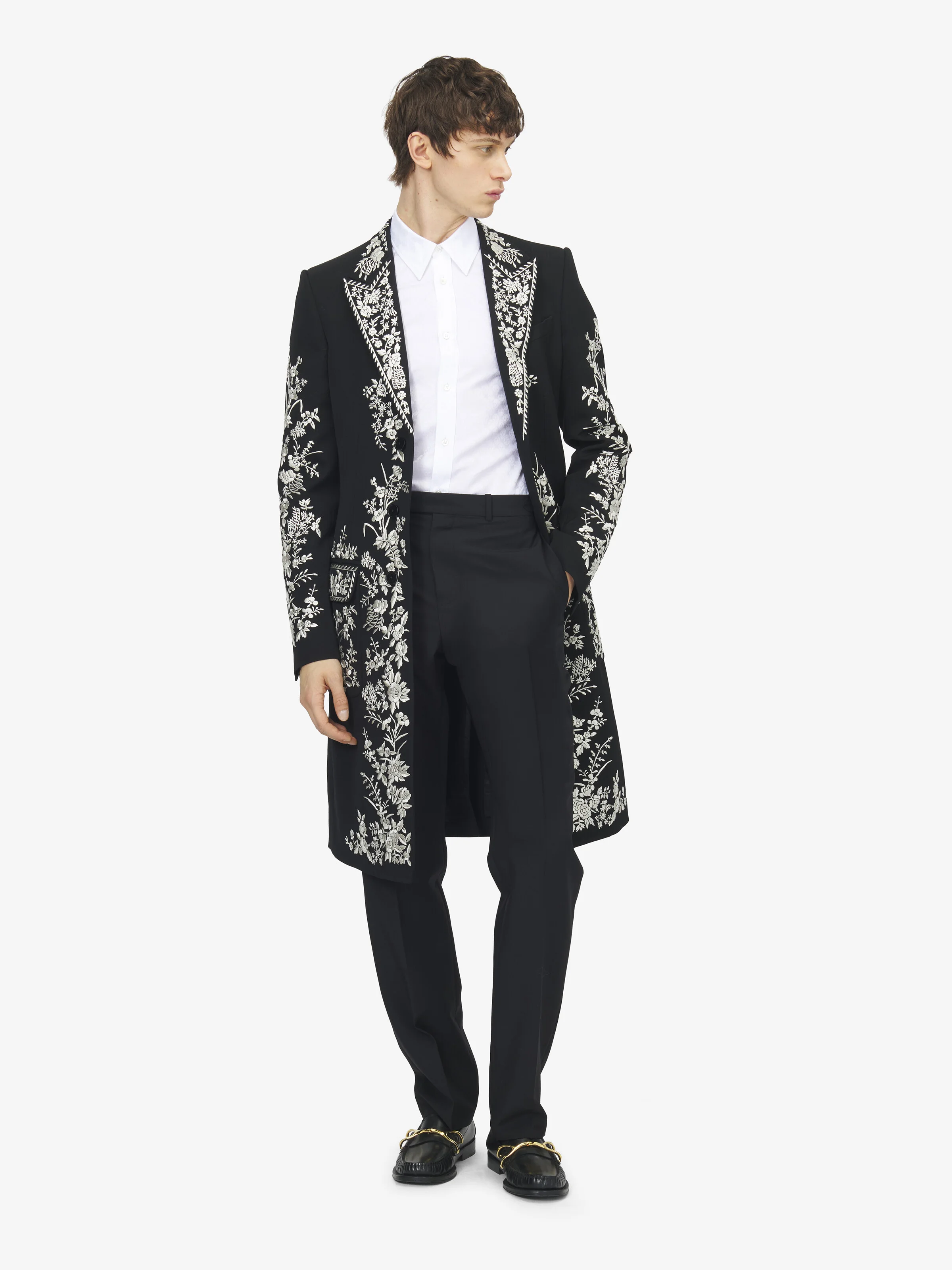 Men's Floral Embroidery Coat in Black - 1