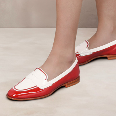 Santoni Women's red and white patent leather penny loafer outlook