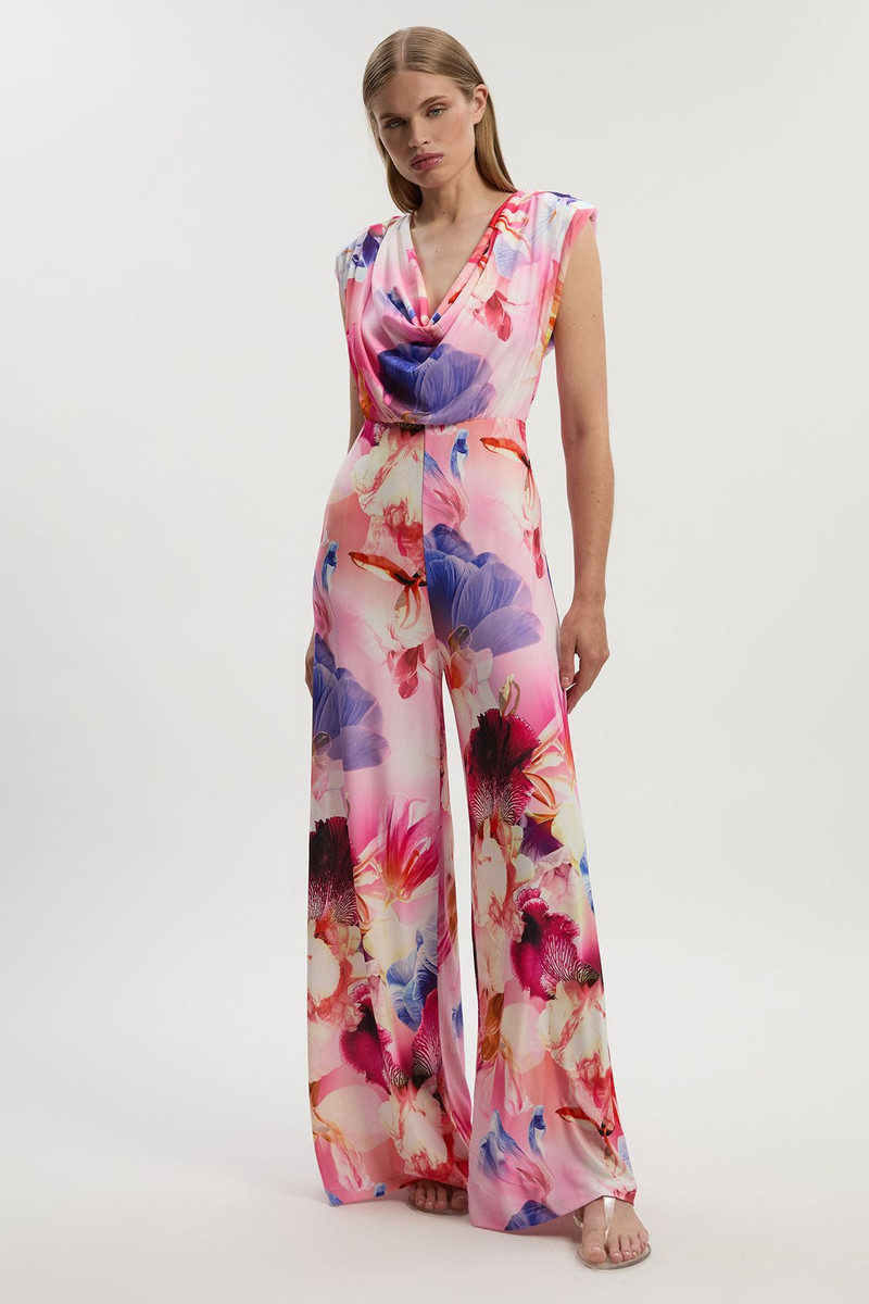 Tall Floral Printed Drapey Jersey Cowl Neck Wide Leg Jumpsuit 1