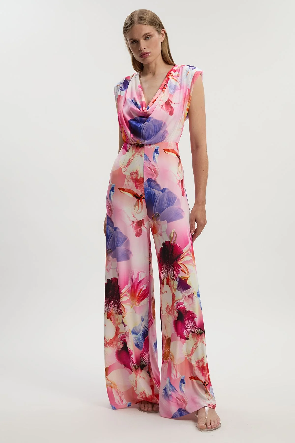 Tall Floral Printed Drapey Jersey Cowl Neck Wide Leg Jumpsuit - 1