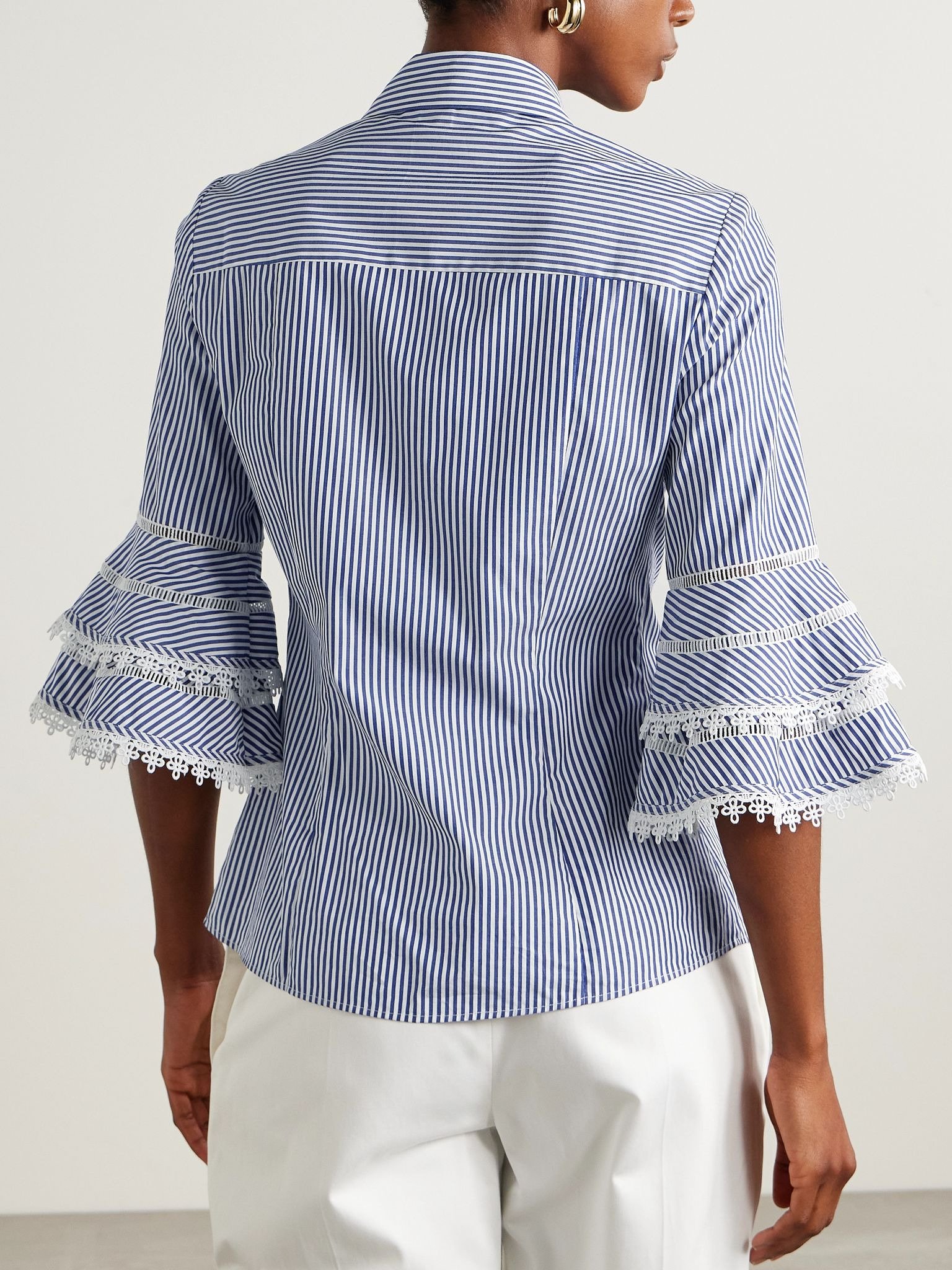 Ruffled guipure lace-trimmed striped cotton-poplin shirt Blue - 4
