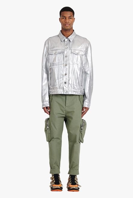 Silvery jean jacket with embossed Balmain logo - 4
