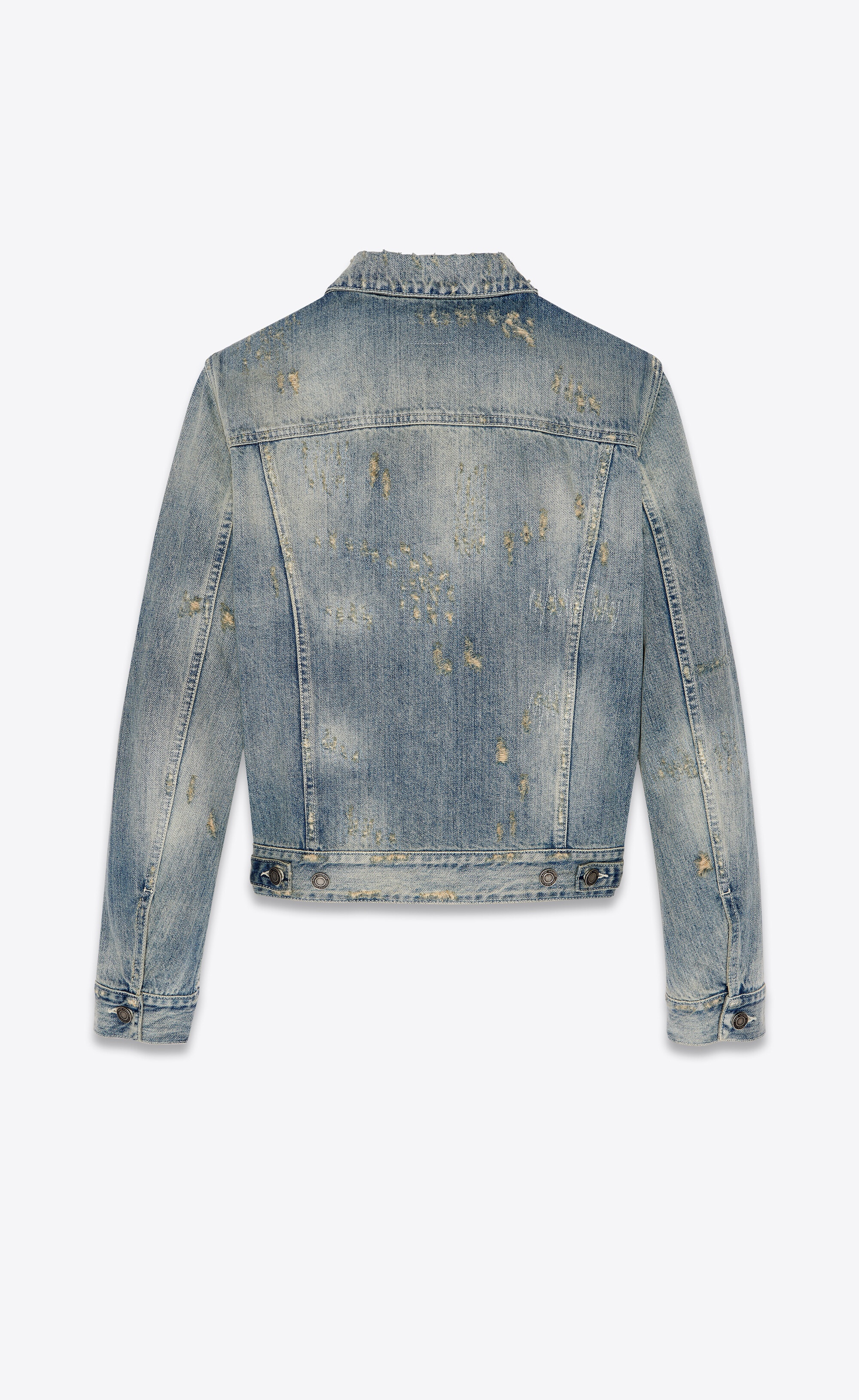 destroyed jean jacket in repaired dirty blue denim - 2