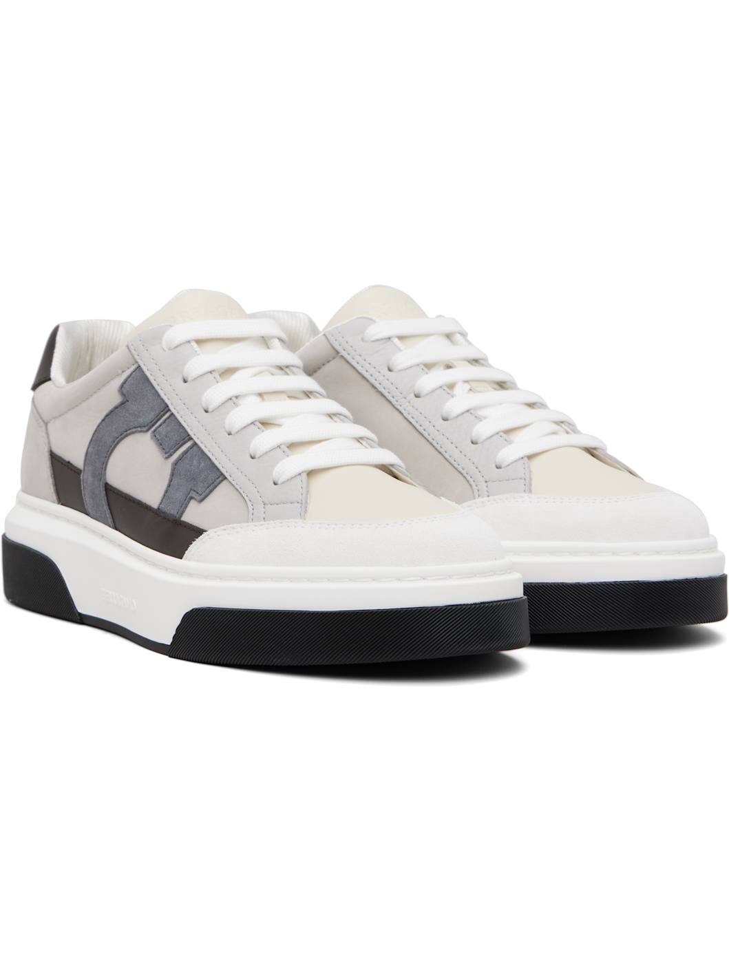 Gray & Off-White Low Cut Gancini Outline Sneakers - 4