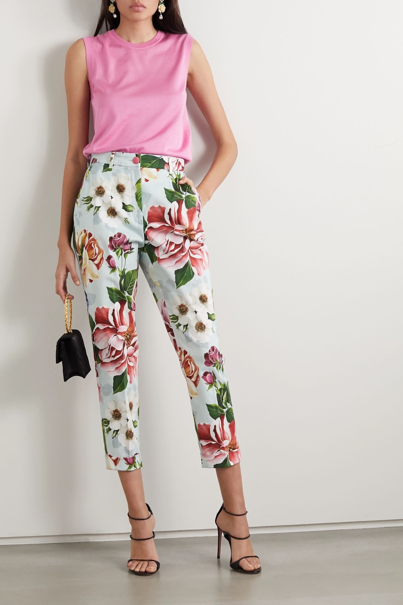 Cropped floral-print cotton-blend twill slim-leg pants - 2