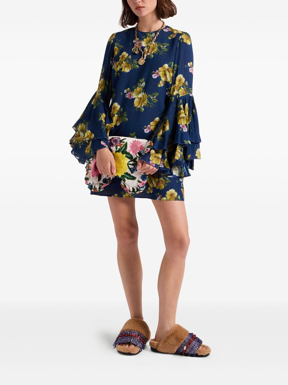 floral bell-sleeve mini dress - 2