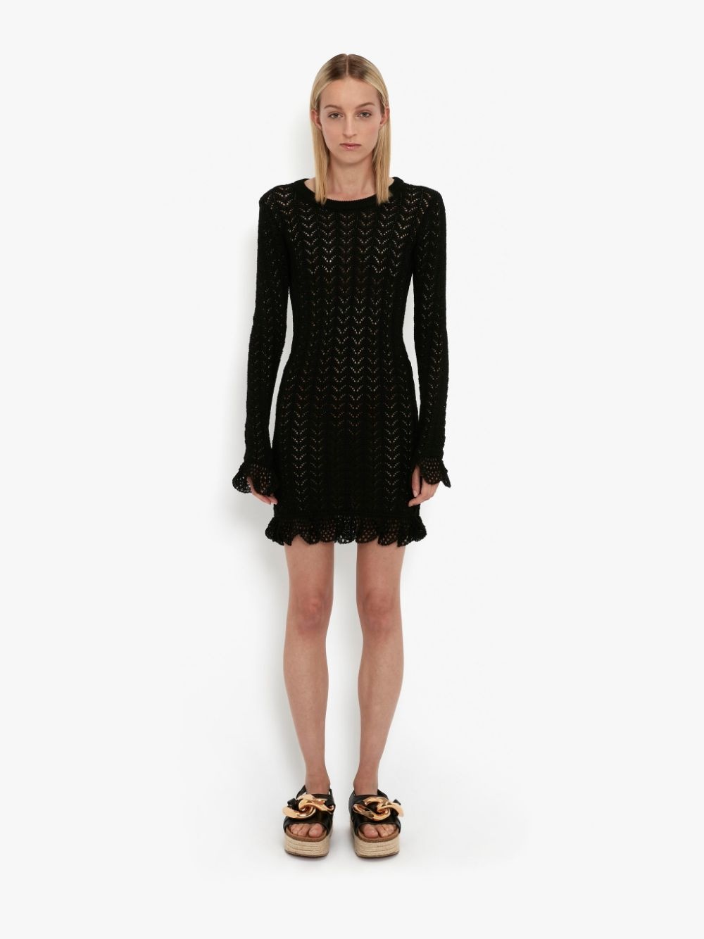 FRILL DETAIL LONG SLEEVE CROCHET EFFECT DRESS - 2