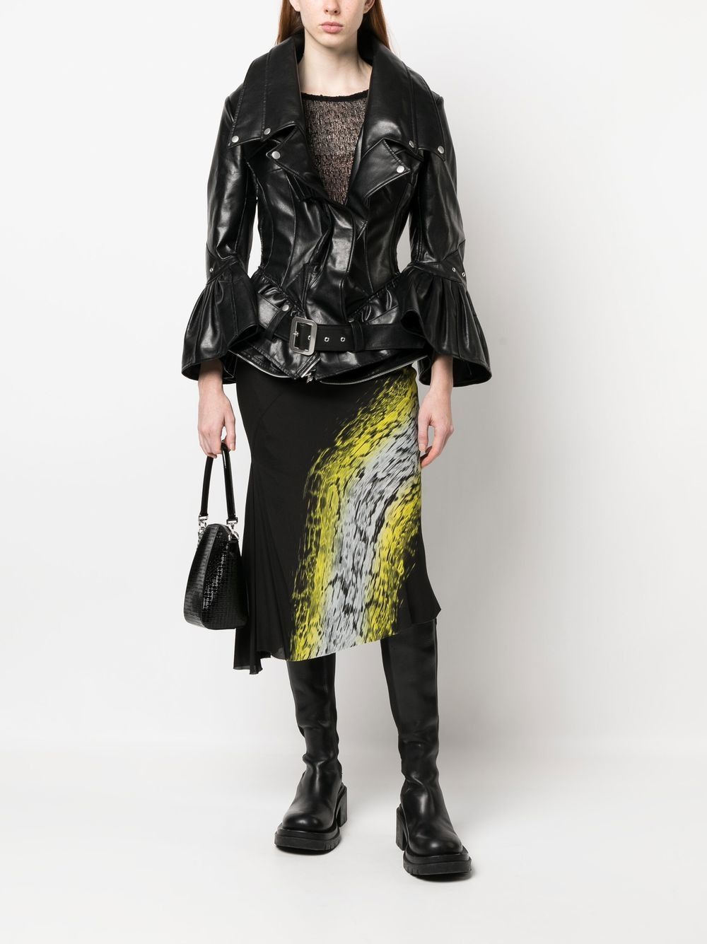 faux-leather flared fitted coat - 2