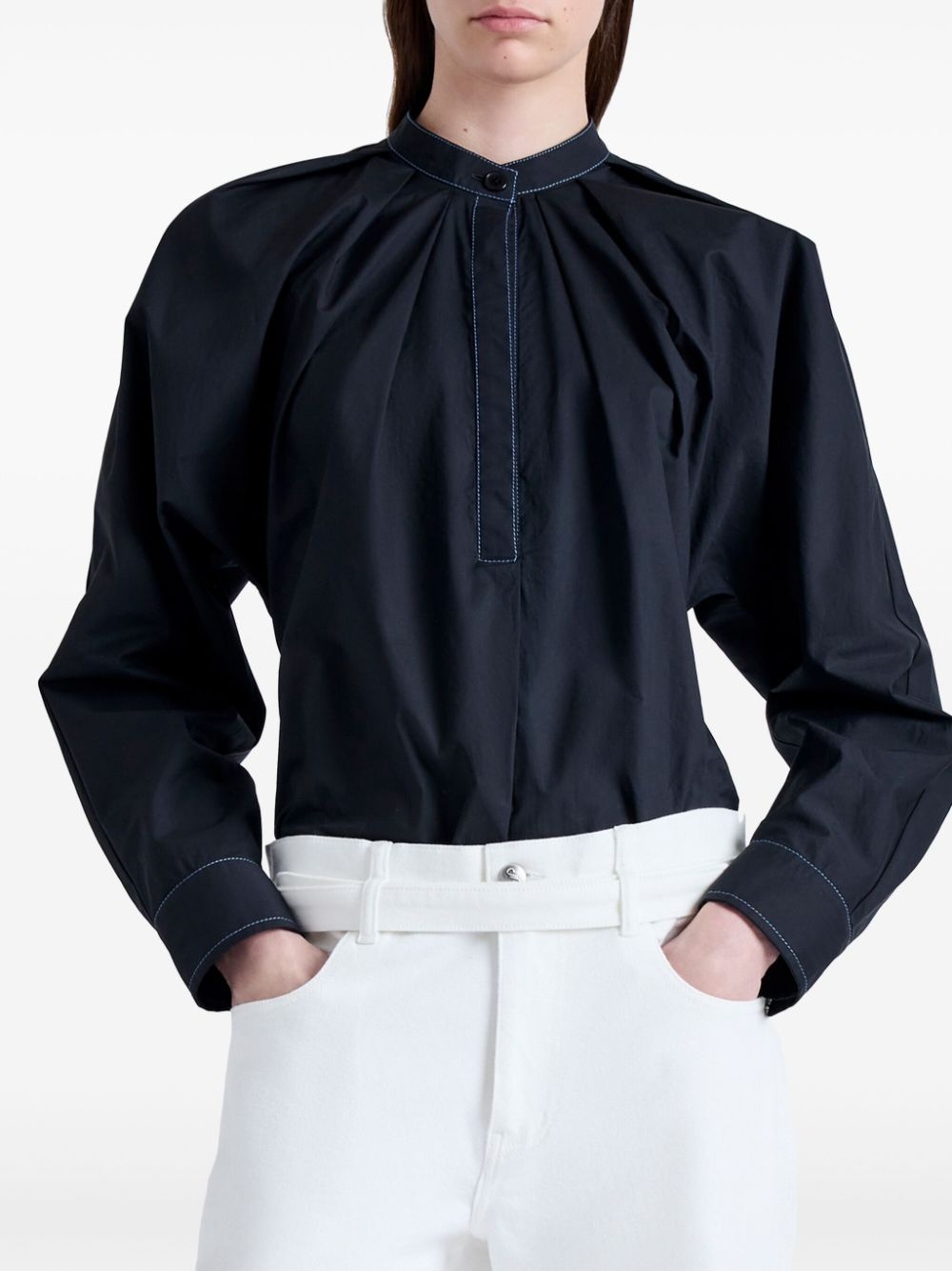 pleated mock-neck poplin shirt - 5