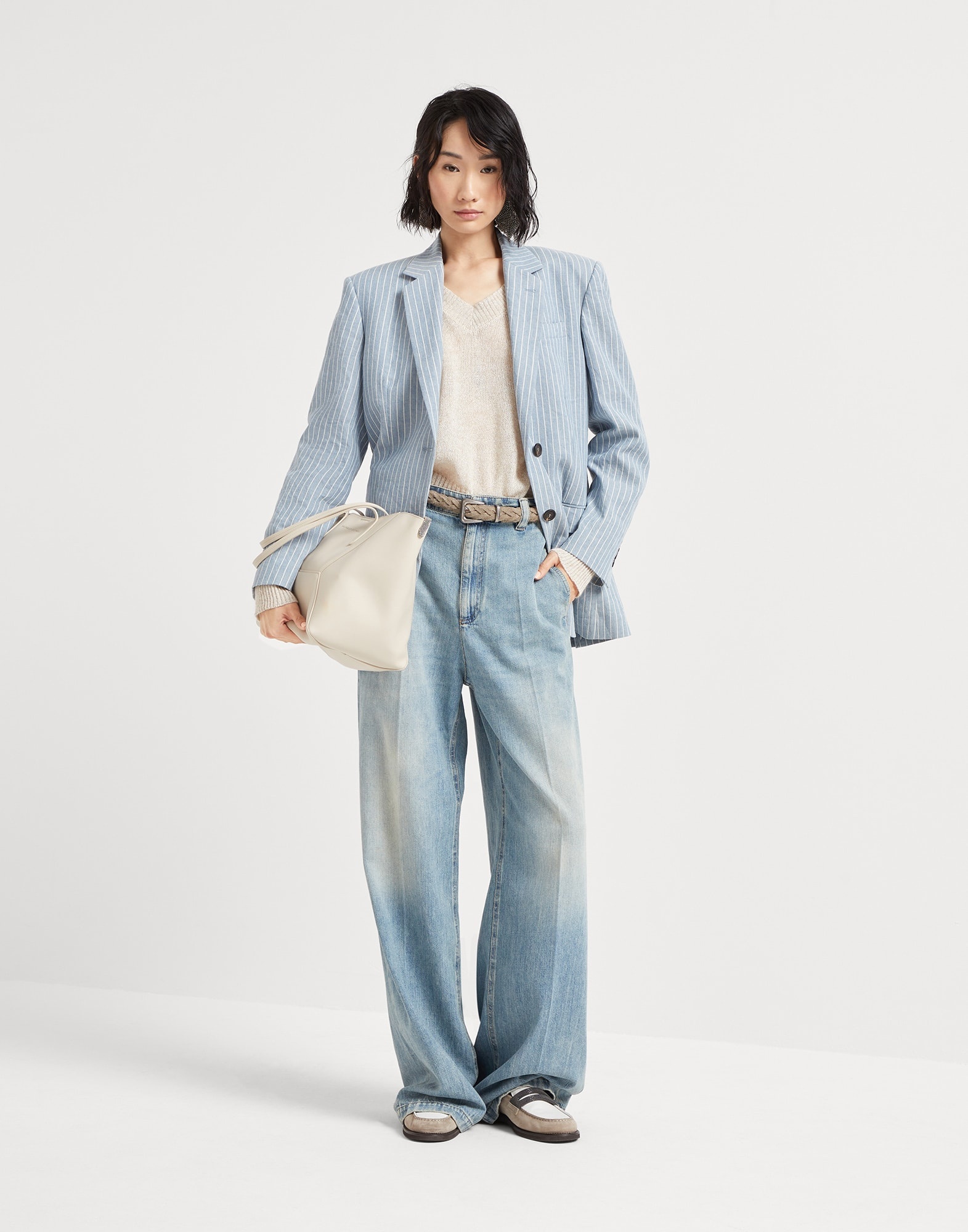 Soft denim low slung trousers with adjustable waist and monili - 4