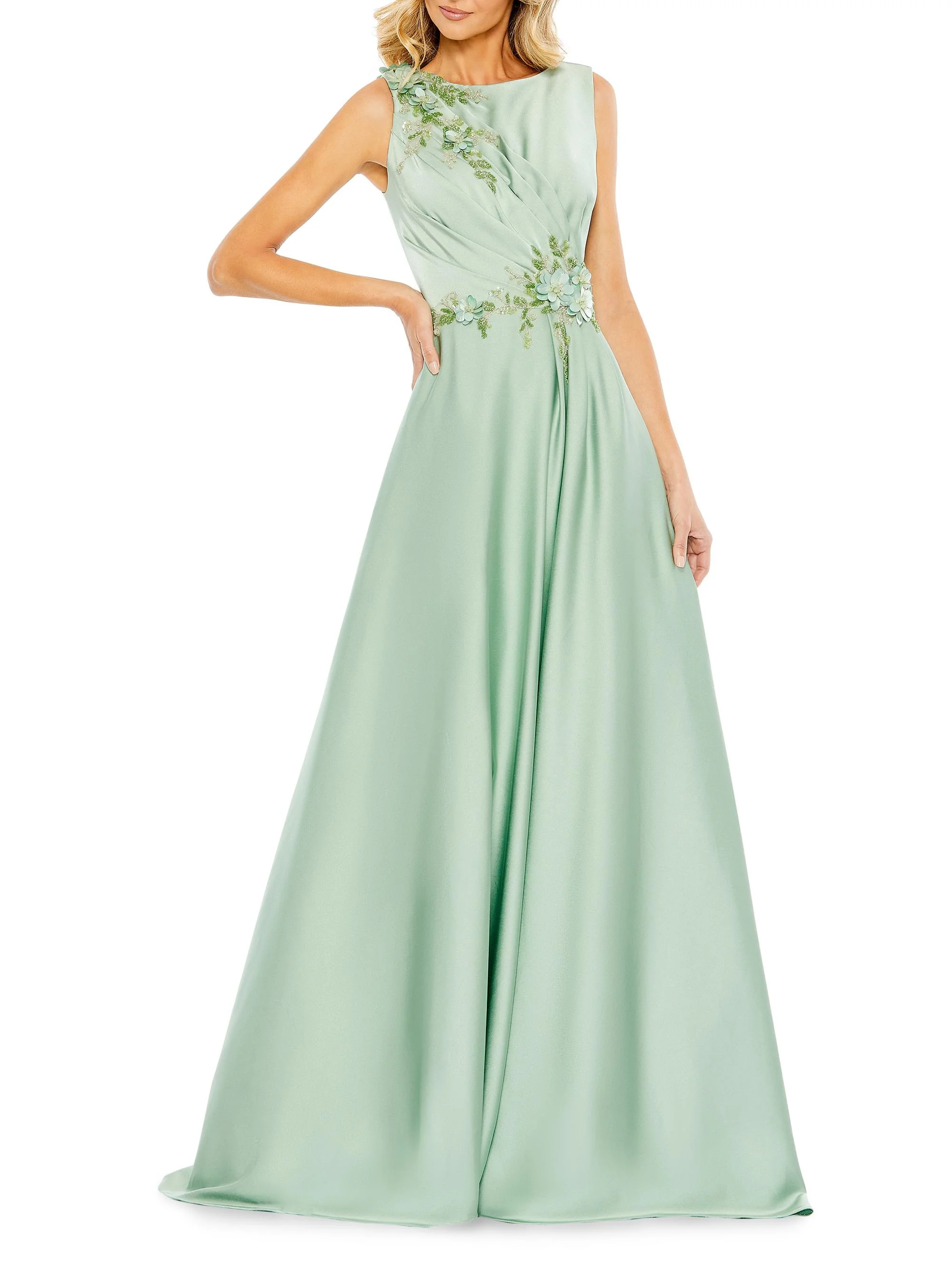 Women's Floral Appliqué Crêpe A-Line Gown - Sage - 1