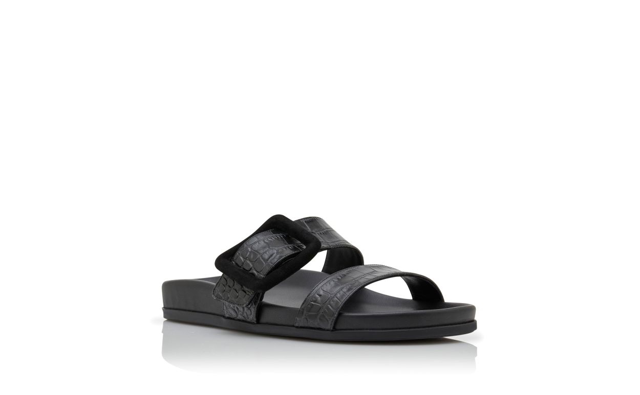 Black Calf Leather Buckle Detail Flat Mules - 3